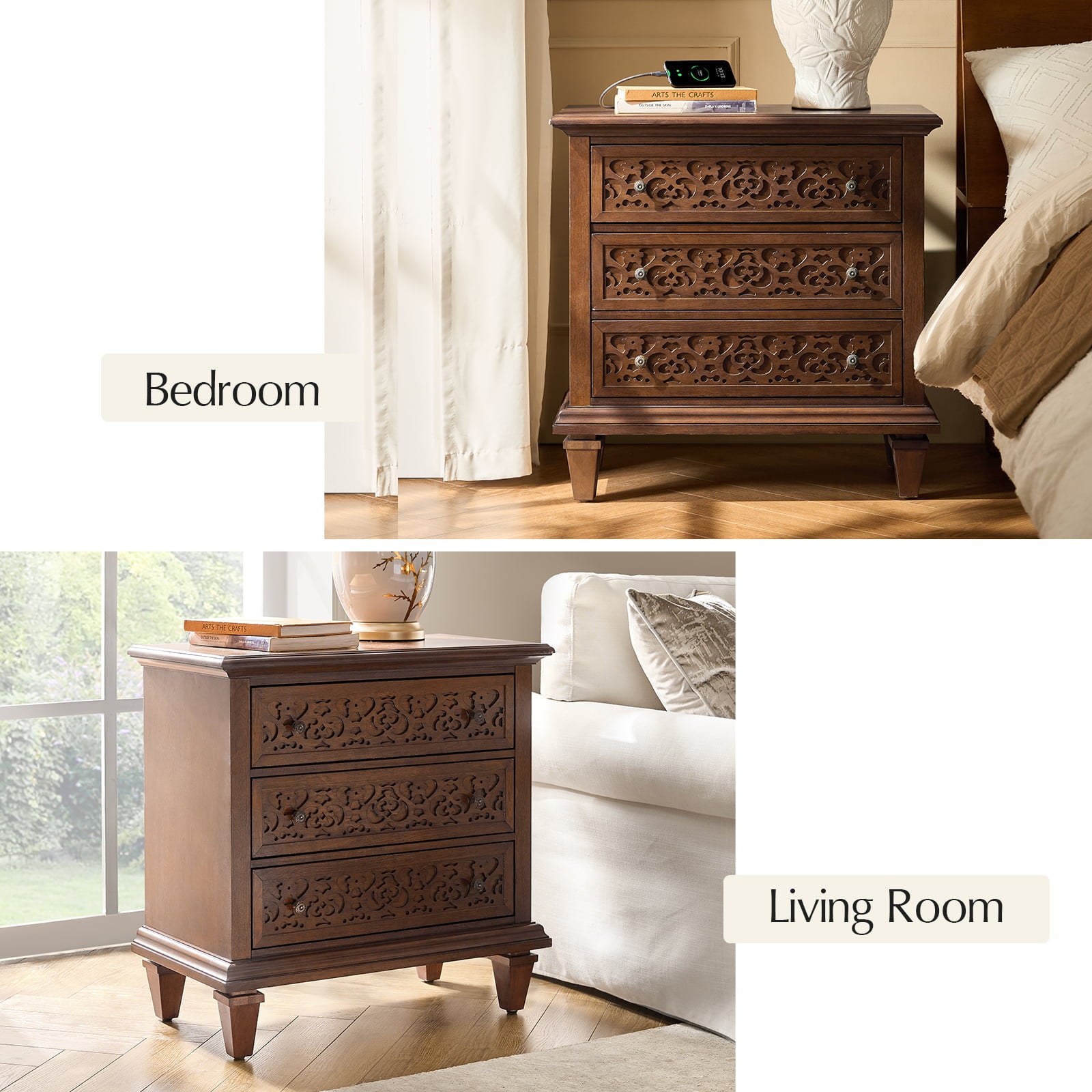 3-Drawer Nightstand with Built-In USB Outlets & Power Strip - Modern Bedside Table for Charging Devices - Perfect for Bedrooms, Guest Rooms & Small Spaces