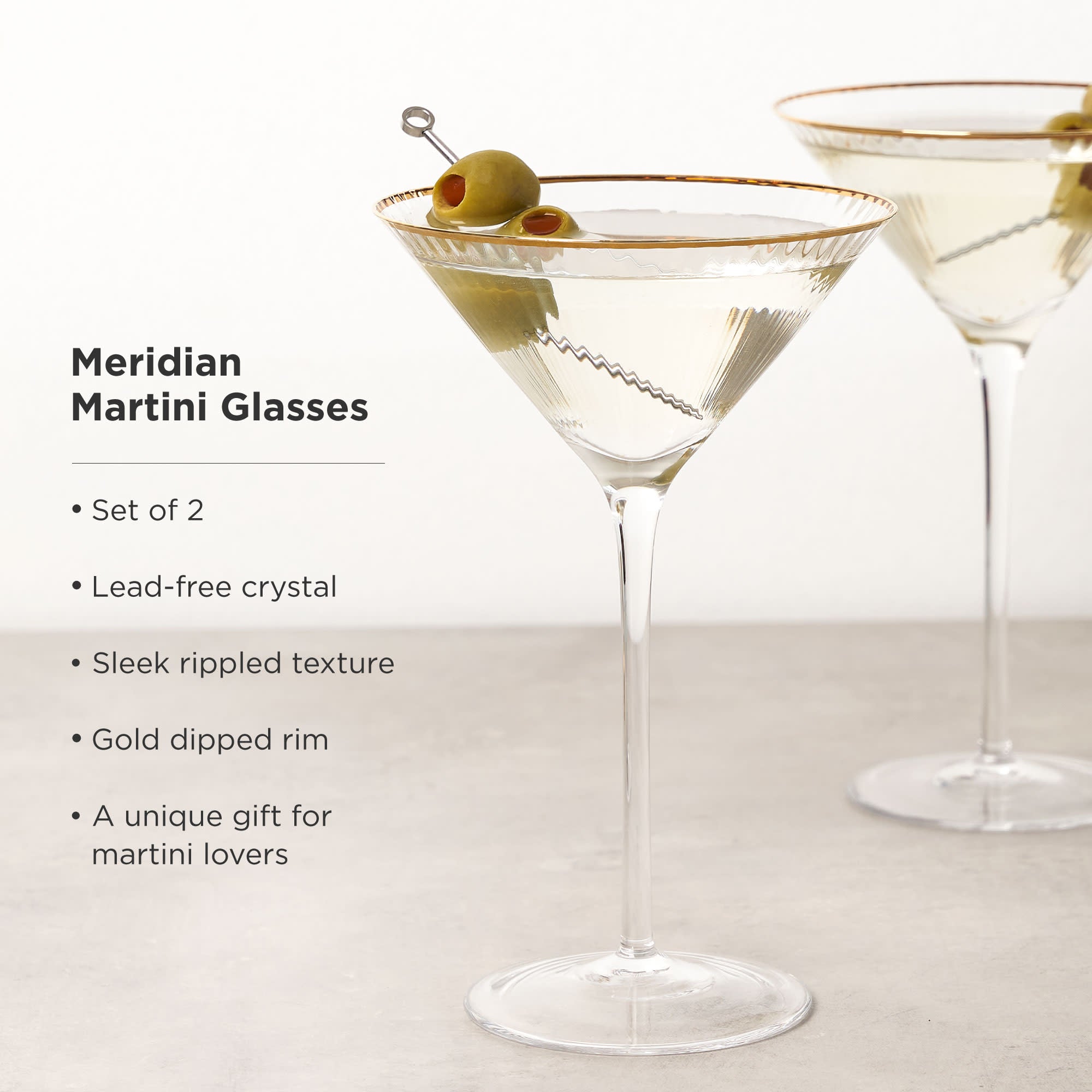 Premium Meridian Crystal Martini Glasses Set of 2 - Elegant Stemware for Cocktails, Parties & Home Bar Decor - Perfect for Entertaining, Wedding Gifts & Special Occasions