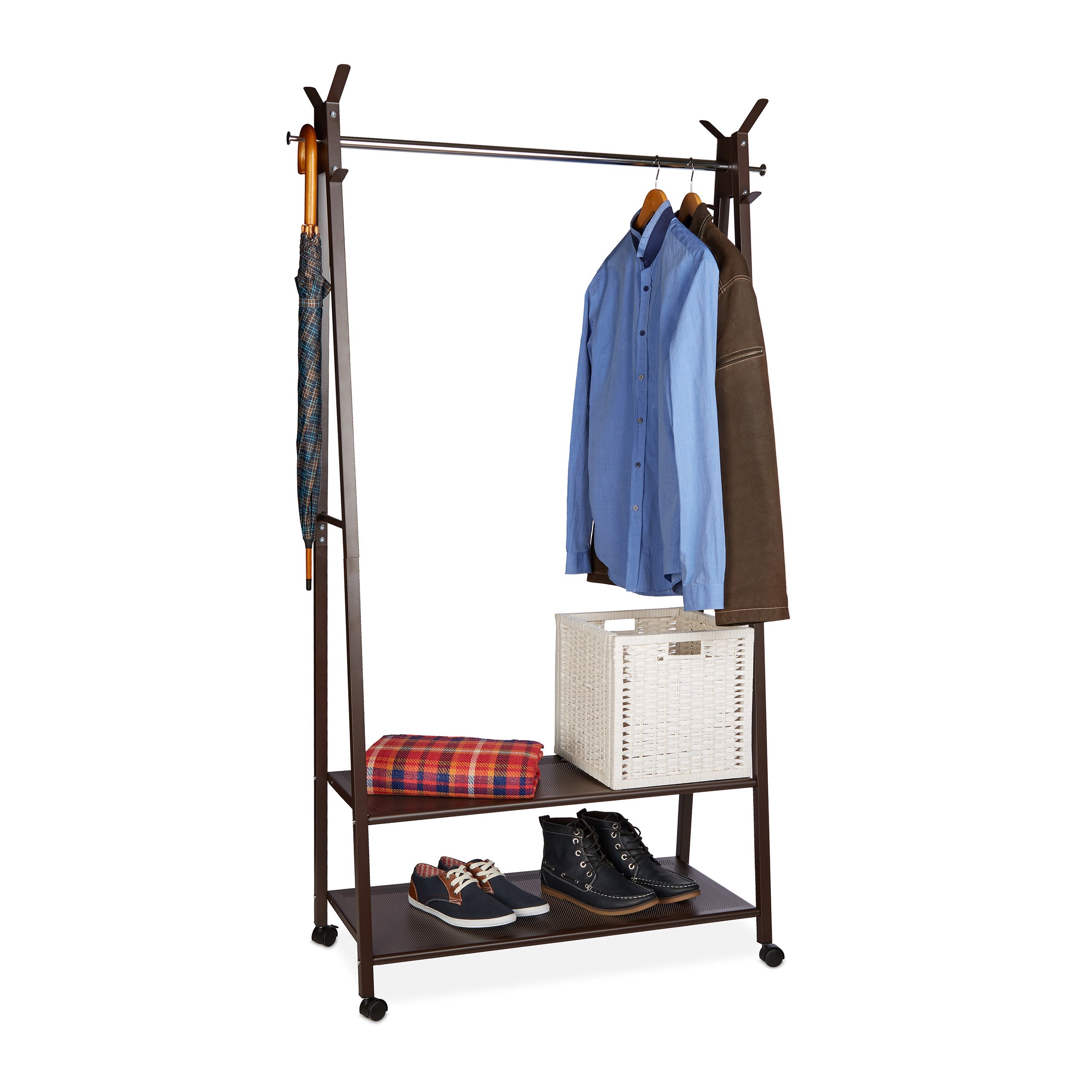 Heavy-Duty Rolling Clothes Rack with 2 Shelves & 16 Shoe Storage - 180 x 102 x 44 cm Mobile Garment Rack for Bedroom, Closet Organization & Laundry Room - Space-Saving Brown Wardrobe on Wheels