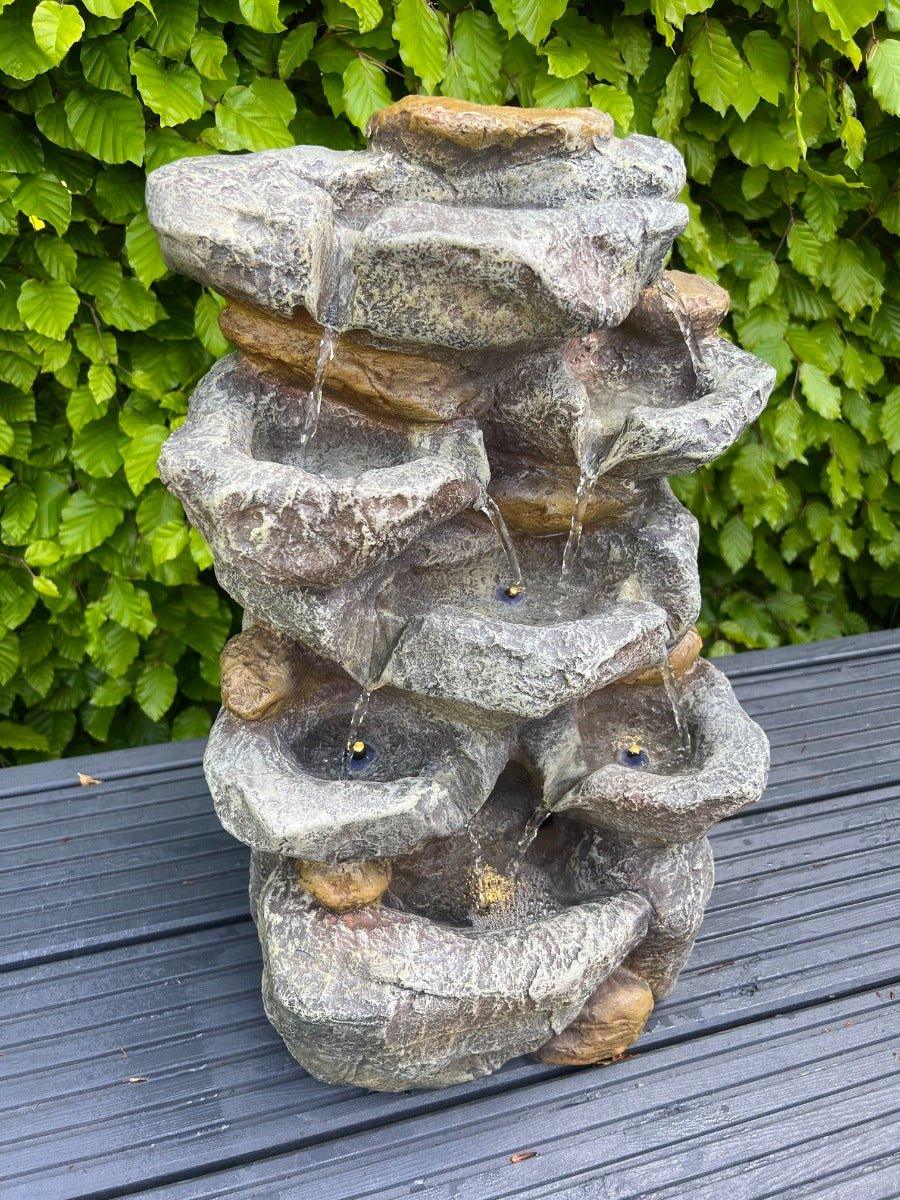 Solar Powered LED Rock Waterfall with 7 Water Bowls - 46x32x26 Inch Outdoor Garden Fountain for Patio, Yard & Landscape Decoration | Relaxing Water Feature with Natural Stone Design