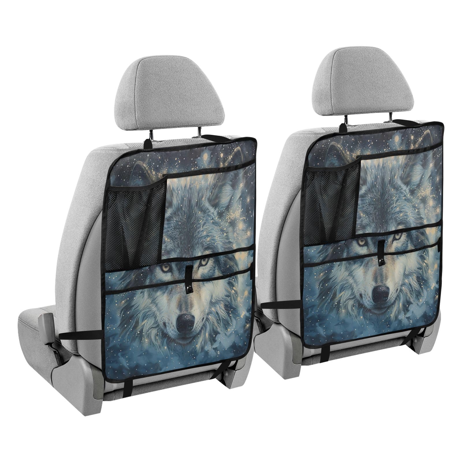 ODAWA Starry Wolf Car Seat Organizer 2 Pack - Back Seat Protector with Storage Pockets for Road Trips, Family Travel, and Daily Commutes