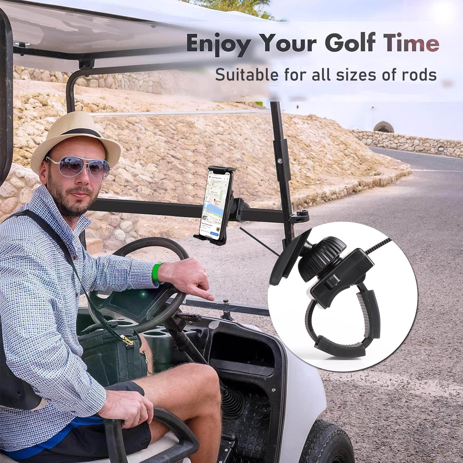 Universal Golf Cart Phone Mount Holder - Compatible with All Smartphones & Tablets | Secure Club Car Phone Holder for All Brand Golf Carts | Perfect for Golfing, Camping & Outdoor Adventures