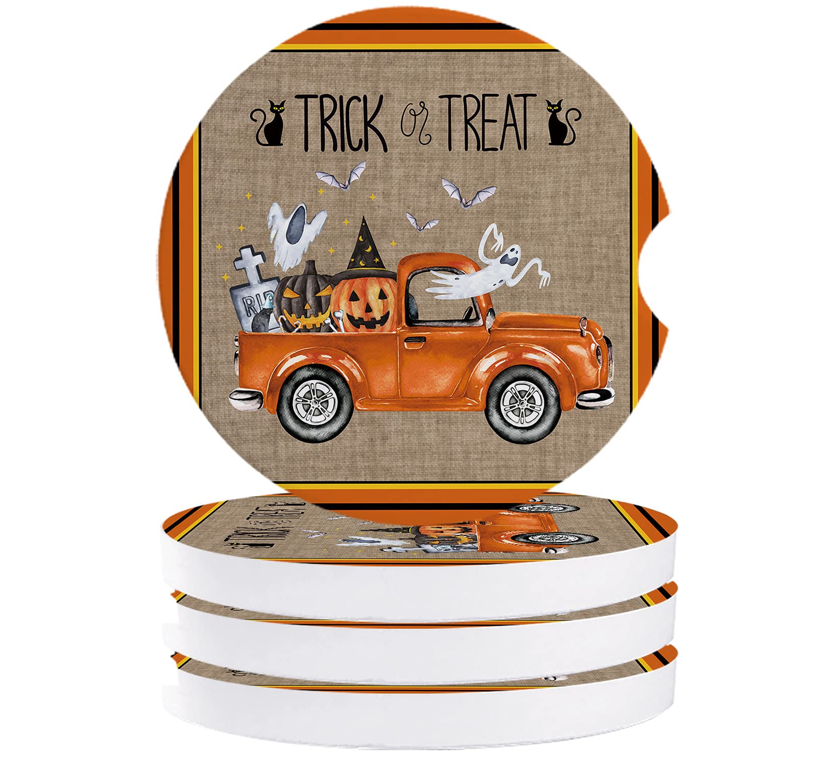 Halloween Pumpkin Ghost Car Coasters - 4 Pack Ceramic Cup Holders for Trick or Treat Car Accessories - Easy Finger Notch Removal for Spooky Rides