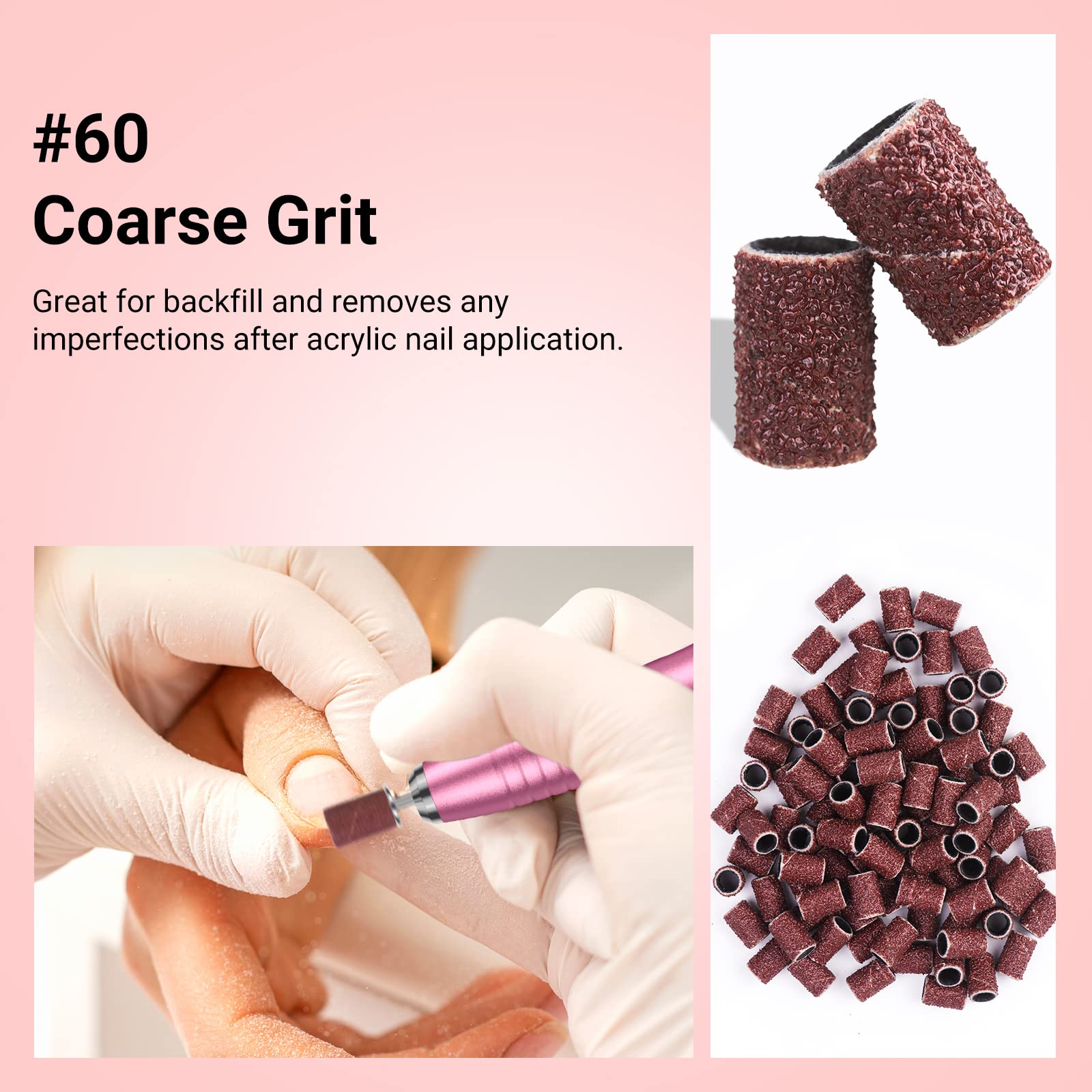 MelodySusie 100 Pcs Nail Drill Bits Sanding Bands - 60 Coarse Grit Nail File Sanding Bands for Acrylic Nails, Gel Manicures & Pedicures | Professional Nail Art Tools for Salon & Home Use