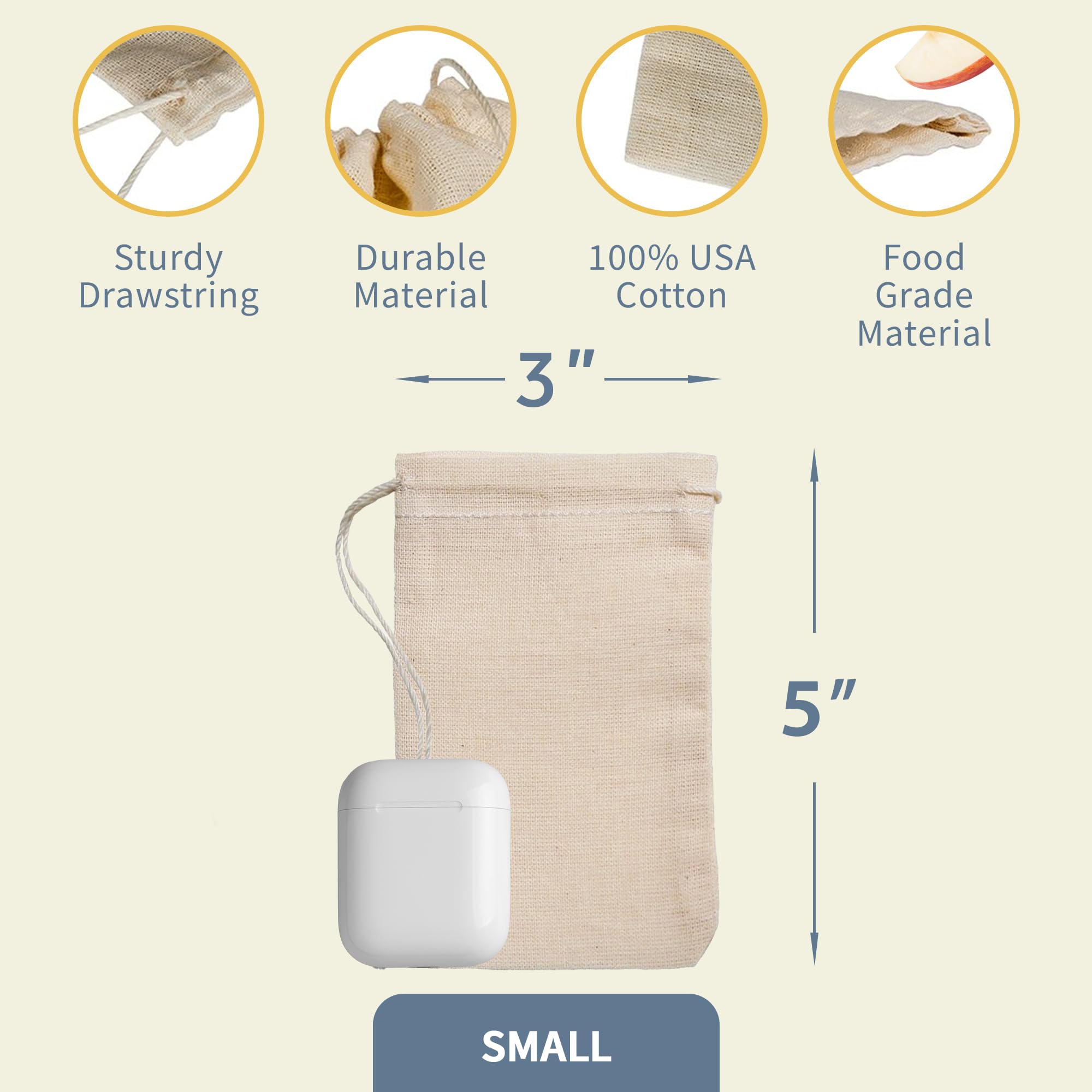 Premium 25-Pack 3x5 Inch Muslin Drawstring Bags - 100% Cotton Reusable Tea Bags, Jewelry Pouches & Spice Sachets - Natural Hem & Drawstring - Made in USA - Perfect for DIY Gifts, Wedding Favors & Essential Oil Storage