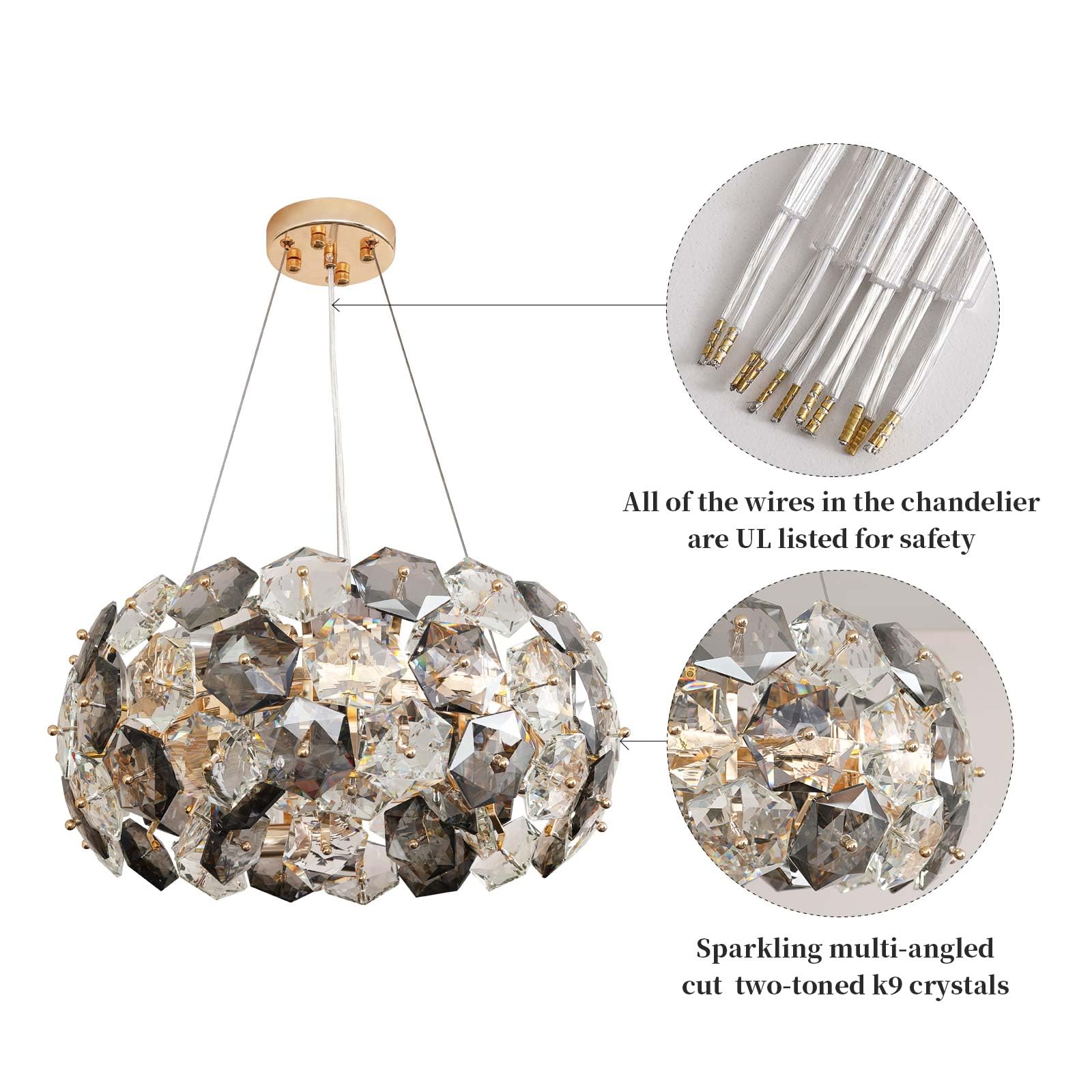 9-Lights 20 Inch Gold Modern Crystal Chandelier with Hexagonal Crystals - Round Pendant Ceiling Light Fixture in Chrome Metal - Perfect for Dining Room, Bedroom, Living Room & Home Decor Lighting