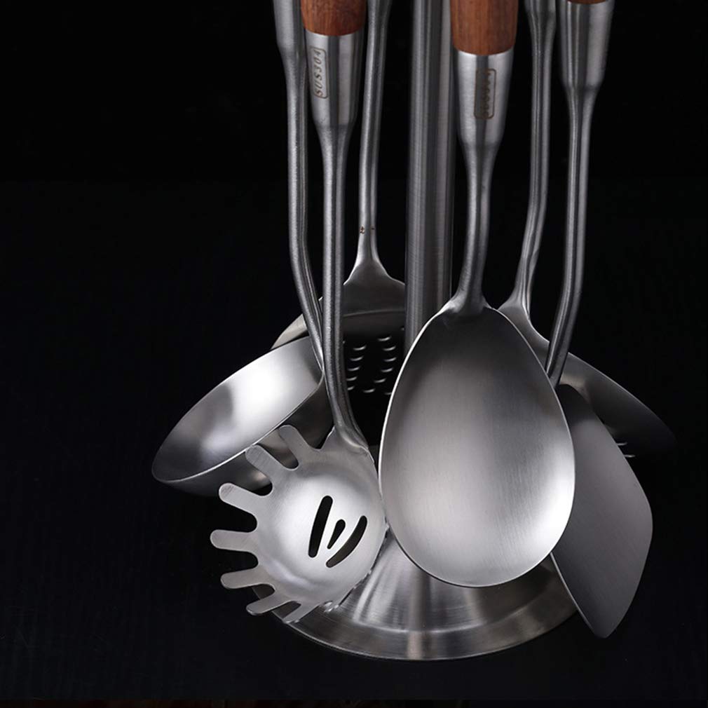 7-Piece Stainless Steel Kitchen Utensil Set with Wooden Handle - Non-Stick Heat Resistant Cooking Tools for Baking, Frying & Grilling - Perfect Cookware Gift Set for Home Chefs