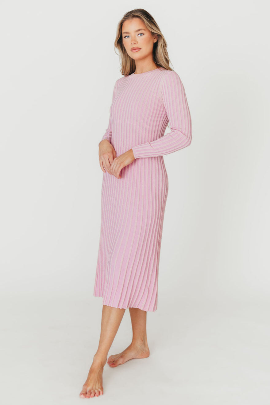 Lacey Long Sleeve Ribbed Sweater Midi Dress in Pink - Bump Friendly Maternity Dress for Pregnancy & Nursing, Perfect for Fall/Winter, Date Night & Baby Shower