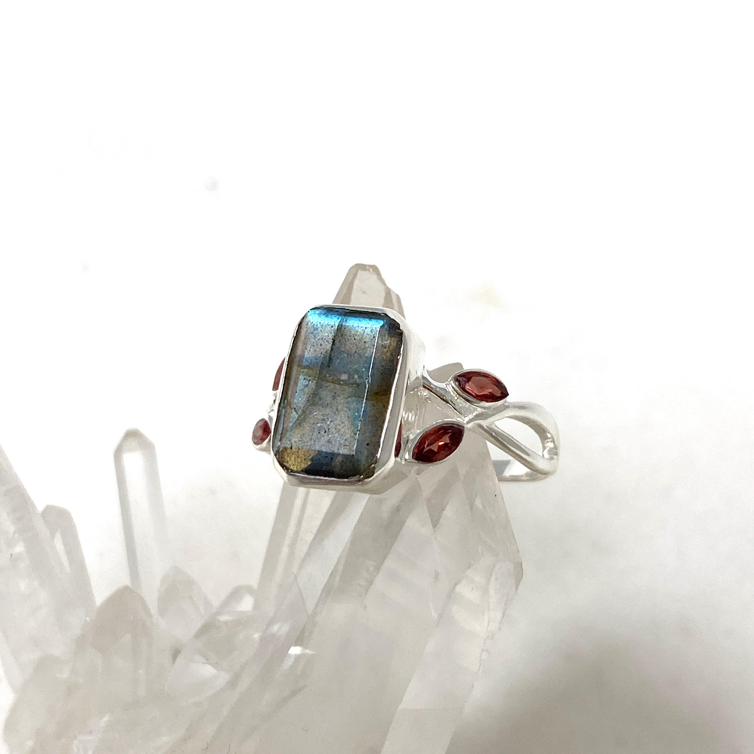 Labradorite Faceted Rectangular Multistone Ring with Botanical Details R3806 - Elegant Gemstone Jewelry for Women, Perfect for Weddings, Parties & Special Occasions