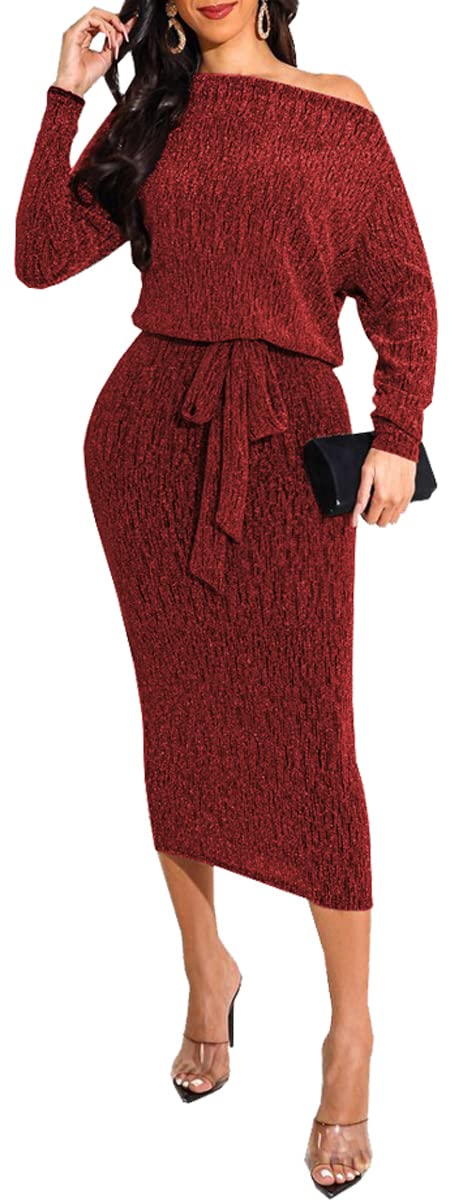 LalaLin Women's Sexy Sparkly Long Sleeve Deep V-Neck Bodycon Midi Dress - Elegant Clubwear for Night Out, Party, Date Night & Special Occasions