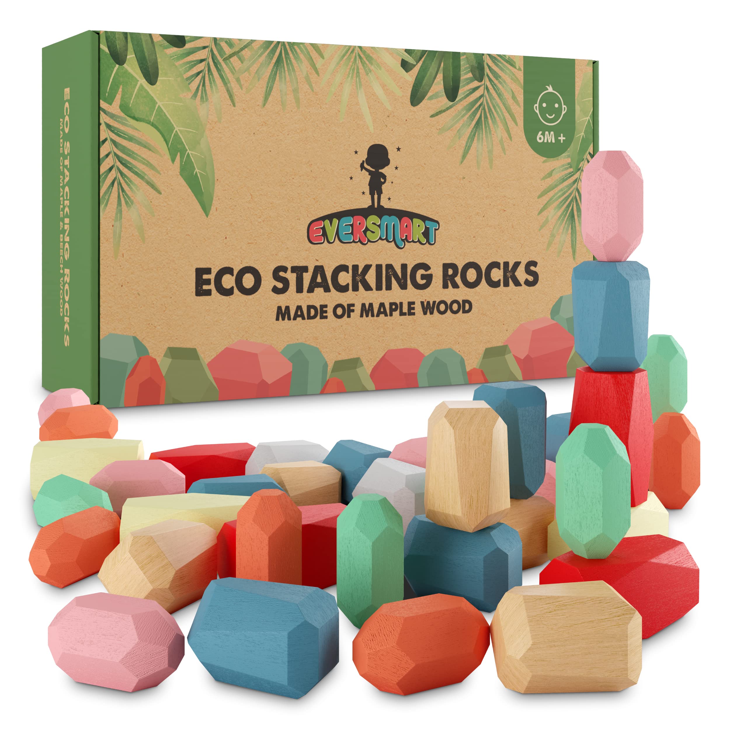 EVERSMART 36 Pcs XXL Stacking Rocks - Safe Wooden Building Blocks for Toddlers & Kids Ages 1-6, Montessori Educational Balancing Stones Toy - No Choking Hazard, Perfect Birthday Gift for Boys & Girls - Great for Preschool Learning, Sensory Play and Creative Building Activities
