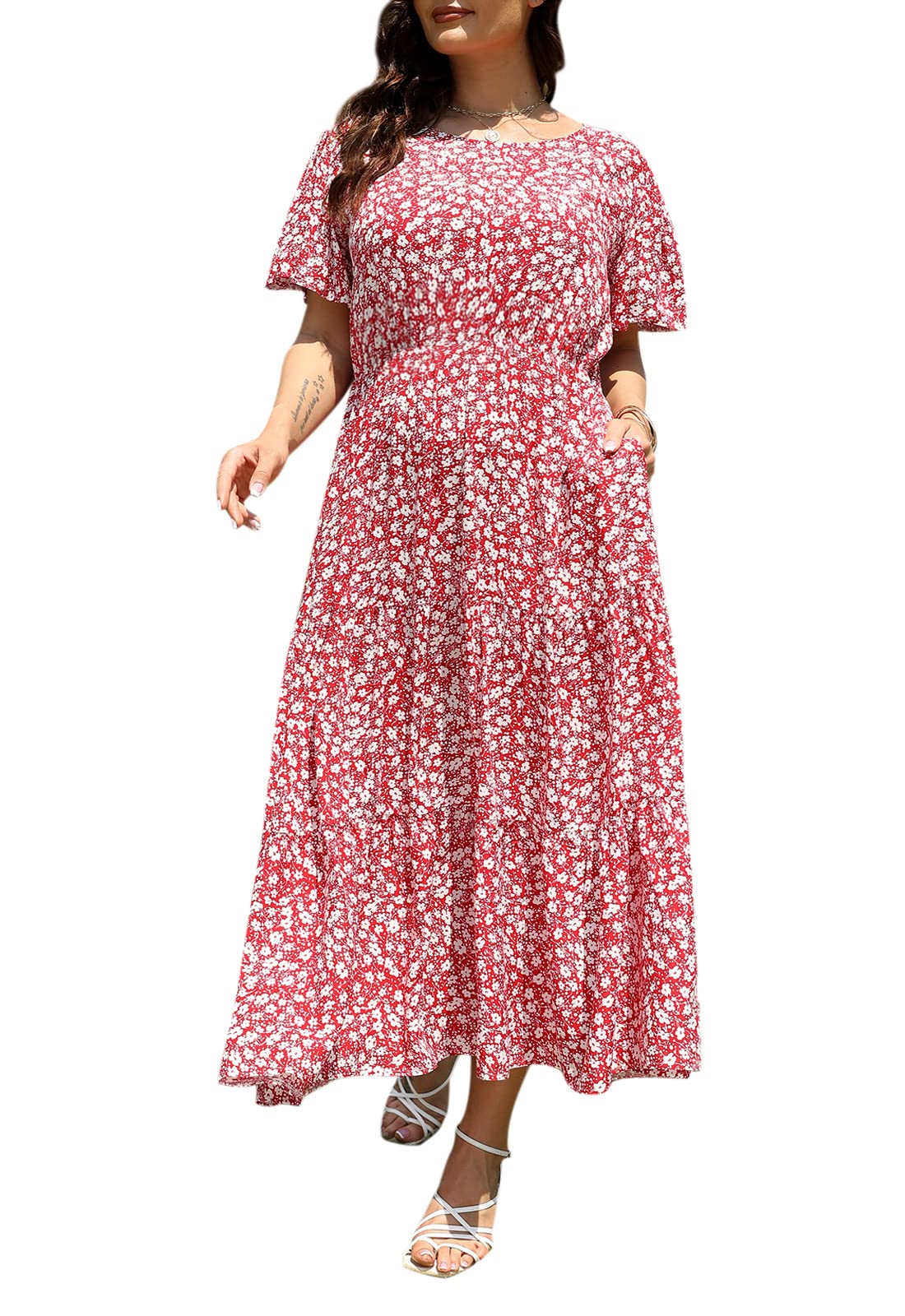 Nemidor Women's Plus Size Boho Floral Print Casual Layered Flared Maxi Dress with Pockets - Perfect for Beach Vacations, Summer Outings & Boho Chic Fashion