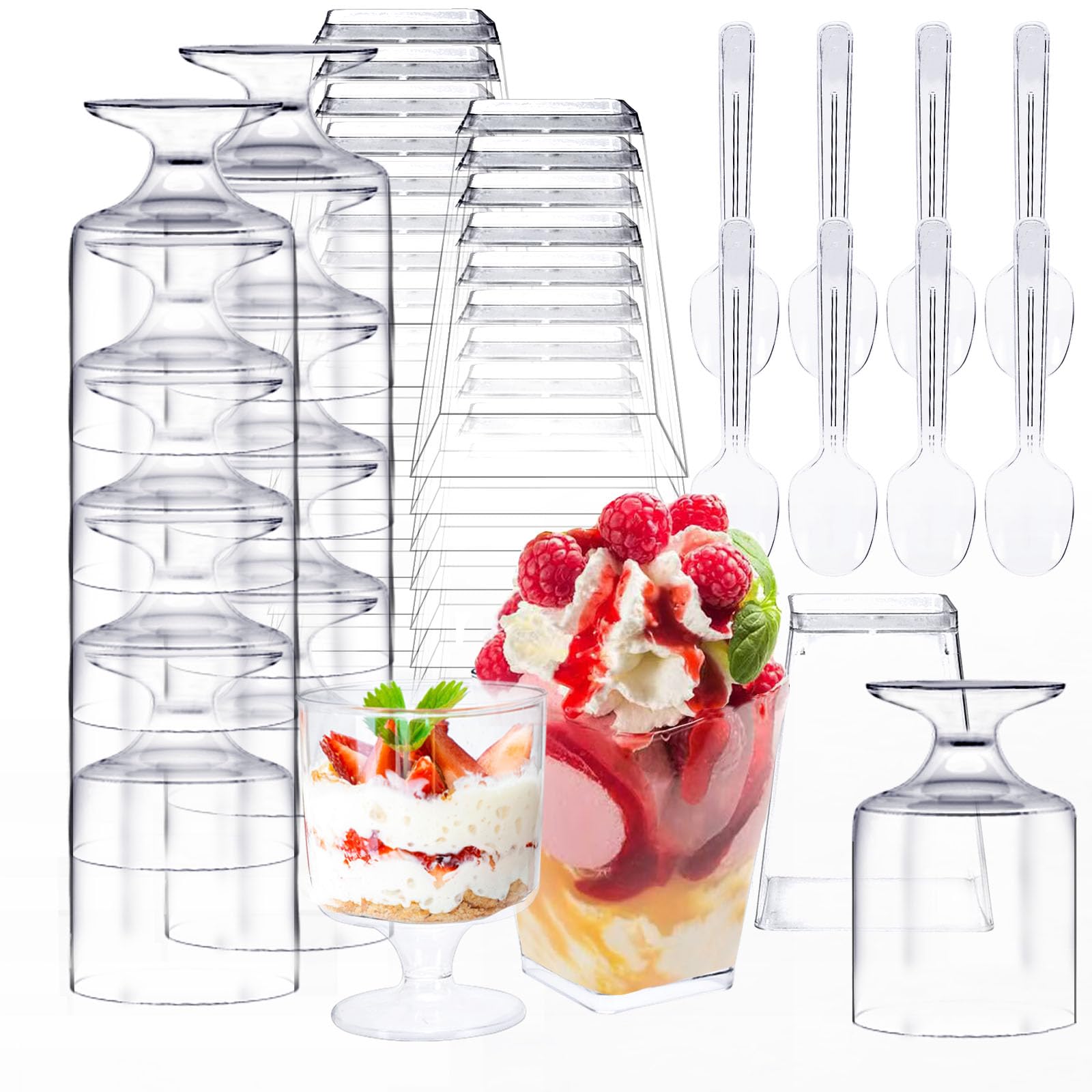 200-Pack 5oz Plastic Dessert Cups with 100 Spoons - 50 Mini Square Goblet & 50 Clear Appetizer Cups - Perfect for Pudding, Ice Cream, Cake & Party Events - Reusable Small Parfait Cups for Catering, Weddings, Baby Showers & Holiday Gatherings