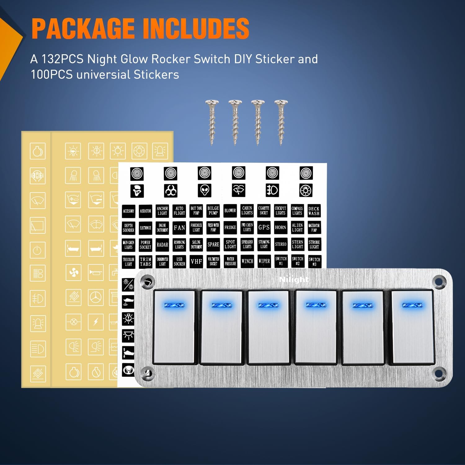 6 Gang Aluminum 3 Pin ON/Off Blue LED Rocker Switch Panel for Marine, RV, Truck & Automotive Electrical Control Systems