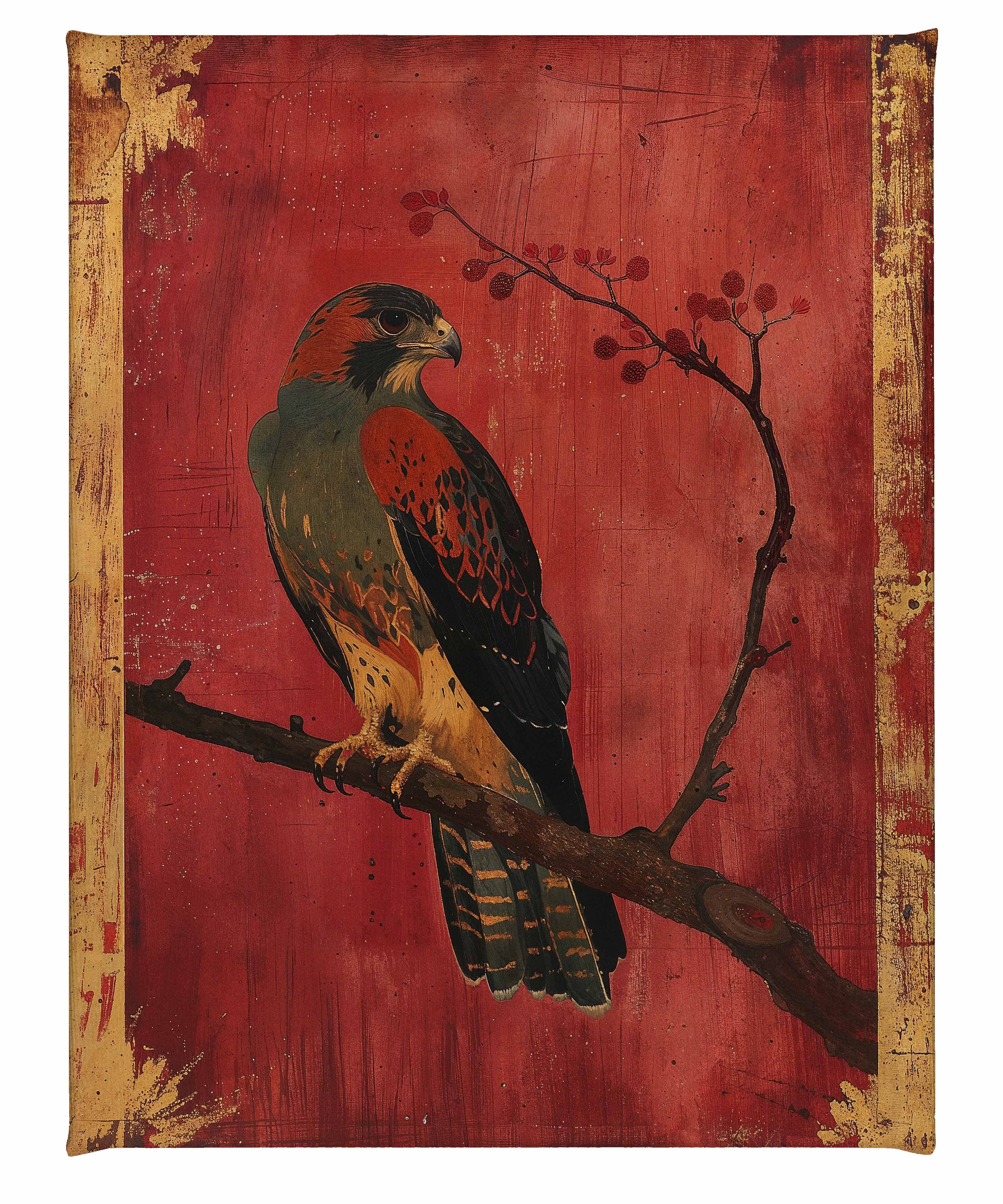 Crimson Majesty Falcon of the Silk Road Wall Art - Handmade Gallery Wrapped Canvas Painting for Living Room, Bedroom & Office Decor