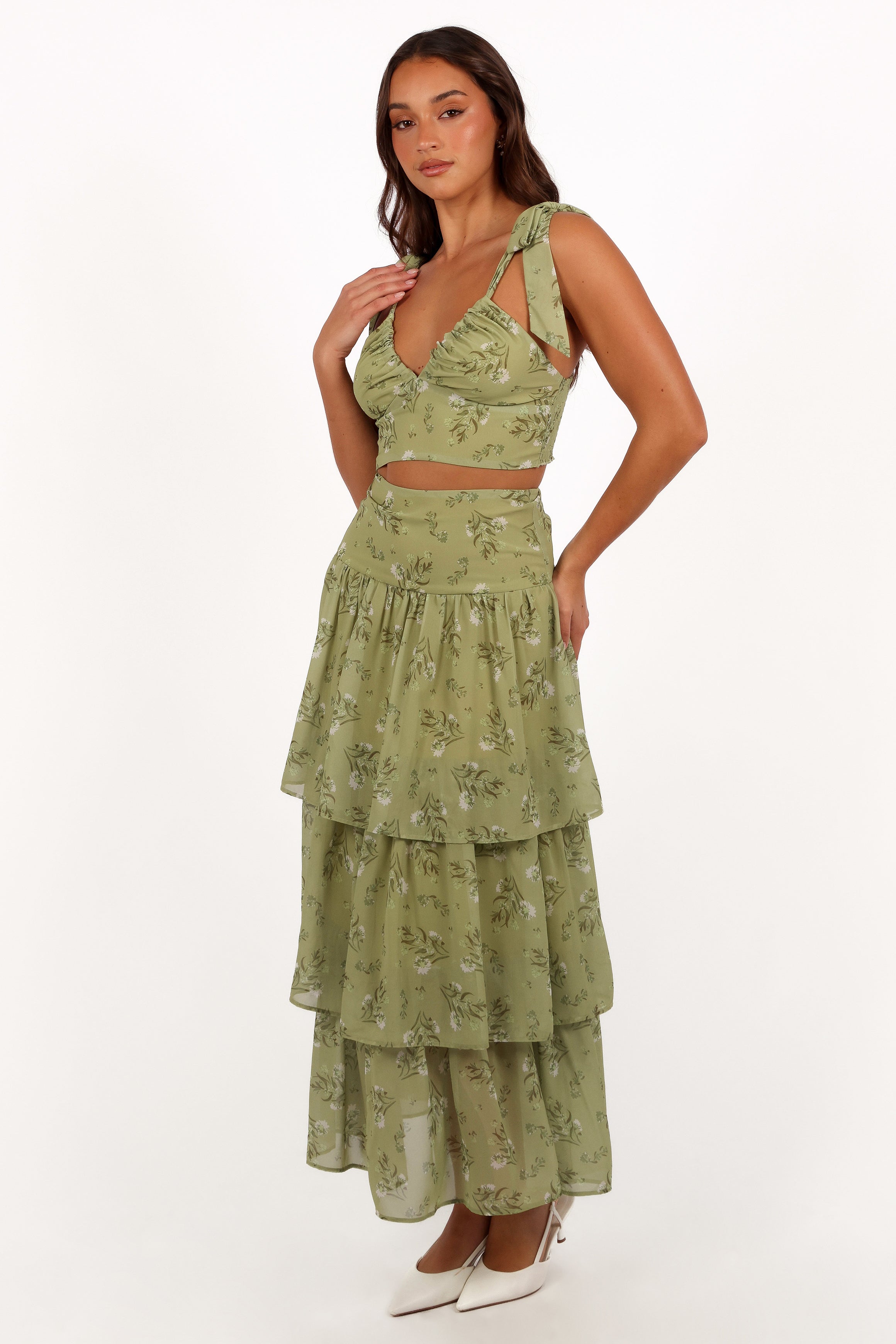 Dorothy Two Piece Set - Sage Botanica Floral Print Women's Outfit | Summer Casual Dress & Skirt Combo for Beach, Vacation, and Date Night