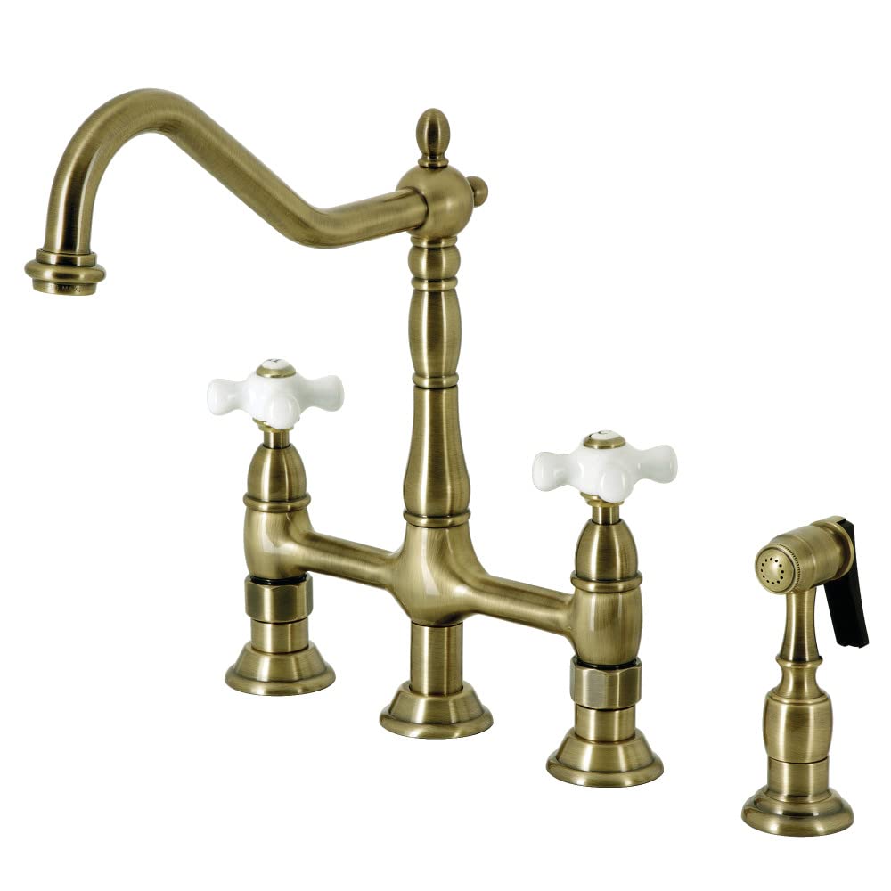 Kingston Brass KS1273PXBS Antique Brass Kitchen Bridge Faucet with Pull-Out Side Sprayer - Perfect for Farmhouse & Vintage Style Kitchens