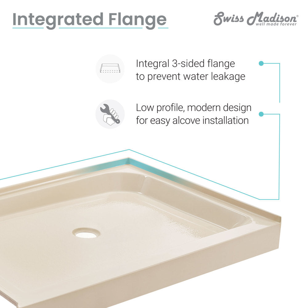Voltaire 36 x 36 Inch Single Threshold Shower Base with Center Drain in Biscuit Color - Perfect for Small Bathroom Remodels and Modern Shower Installations
