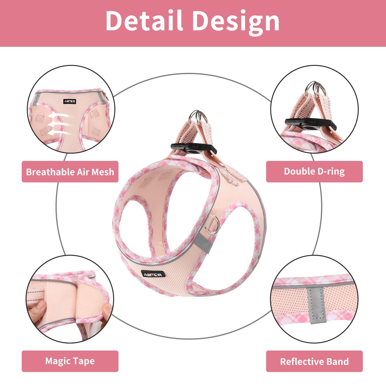 AMTOR No Escape Small Dog Harness with Leash Set - Easy Walk Step-in Reflective Soft Vest for Puppy Training (XS, S, M, L, XL) - Perfect for Daily Walks, Jogging & Outdoor Adventures (Pink, XS)