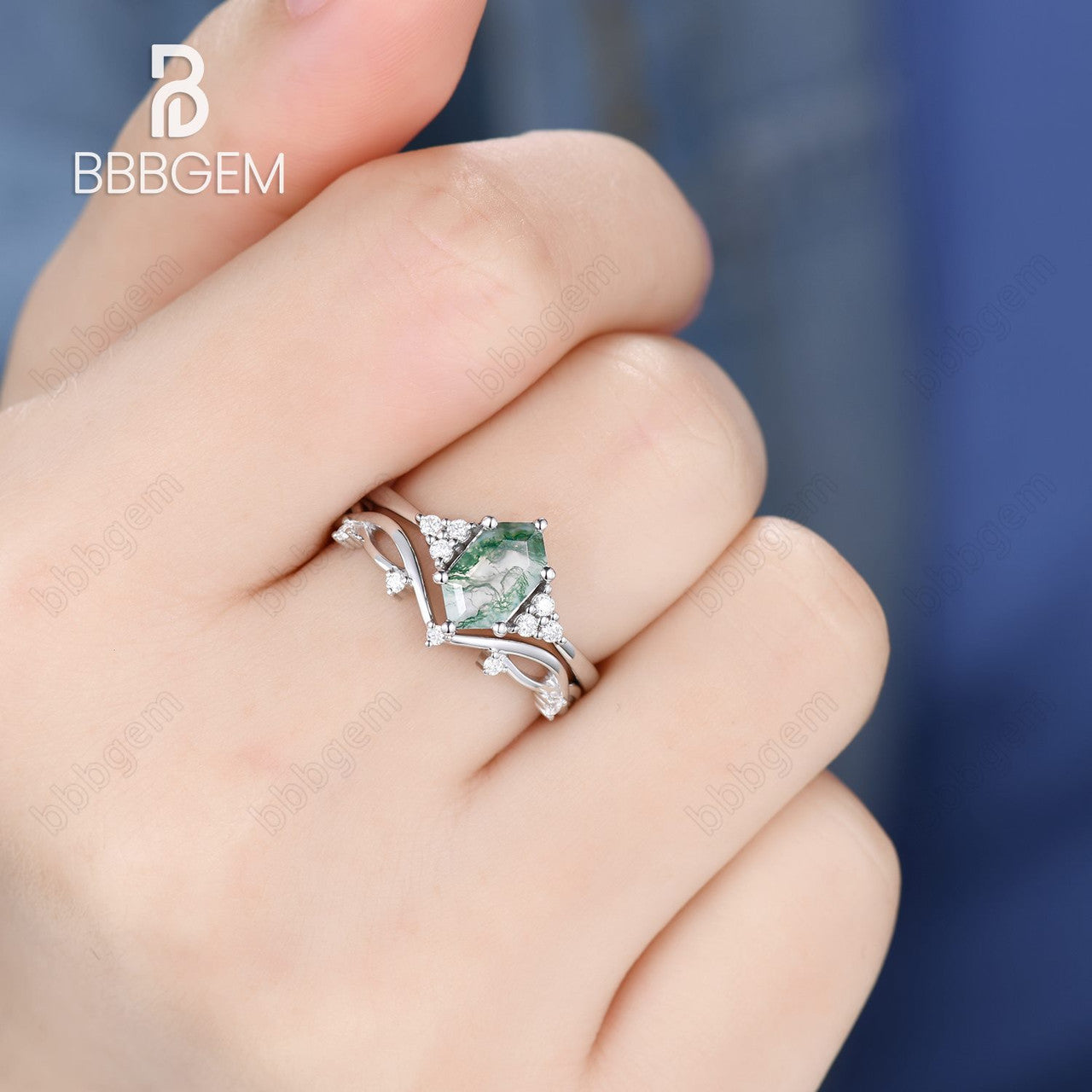 Vintage Moss Agate Hexagon Cut Branch Leaf Vine Art Deco Promise Ring Set for Women - Nature Inspired Jewelry for Engagement, Wedding, Anniversary & Everyday Boho Fashion