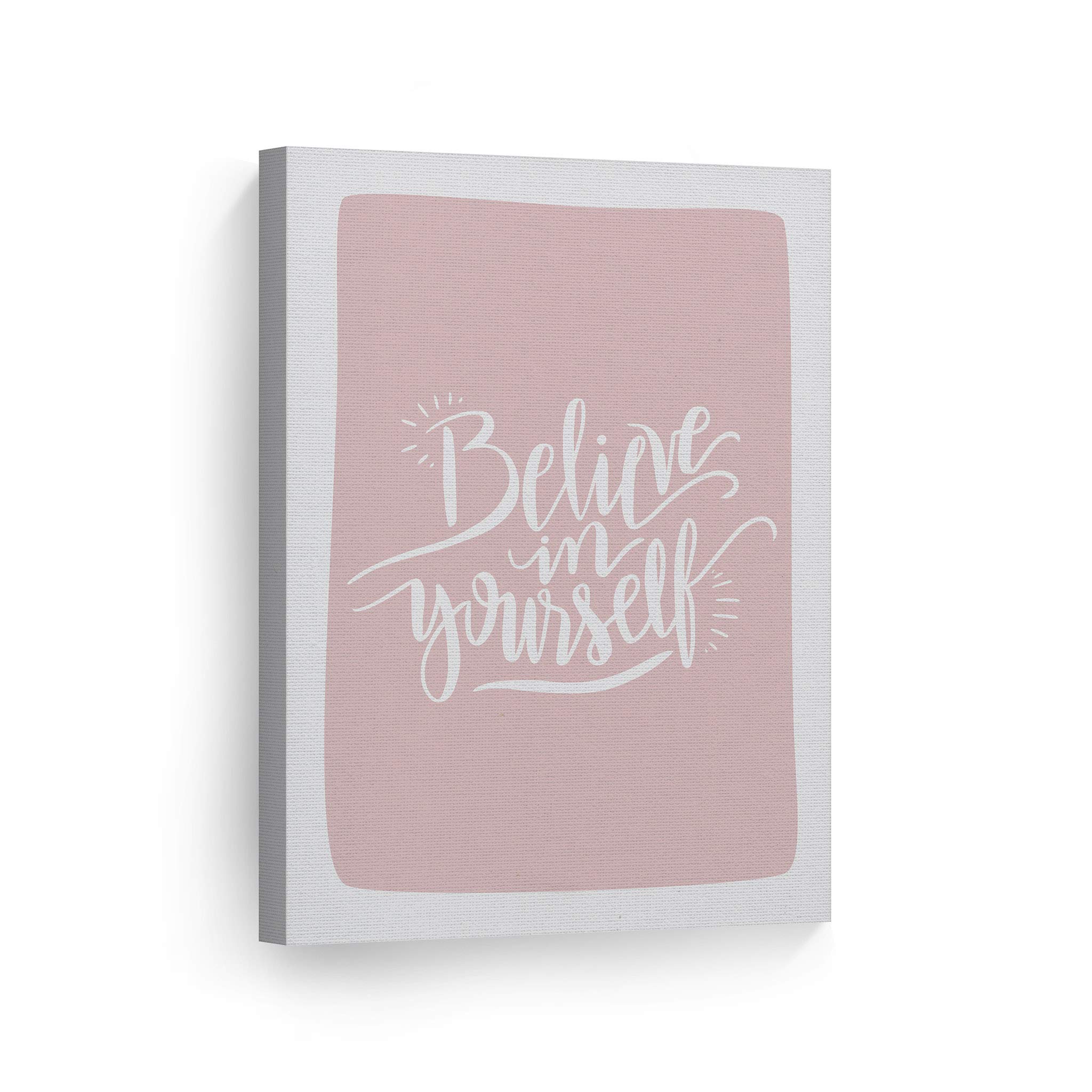 Believe in Yourself Inspirational Wall Art - Pink Lettering Canvas Print for Kids Room, Nursery & Baby Room Decor - Ready to Hang 36x24 - Made in USA | Motivational Gift for Children's Bedroom, Playroom & Classroom