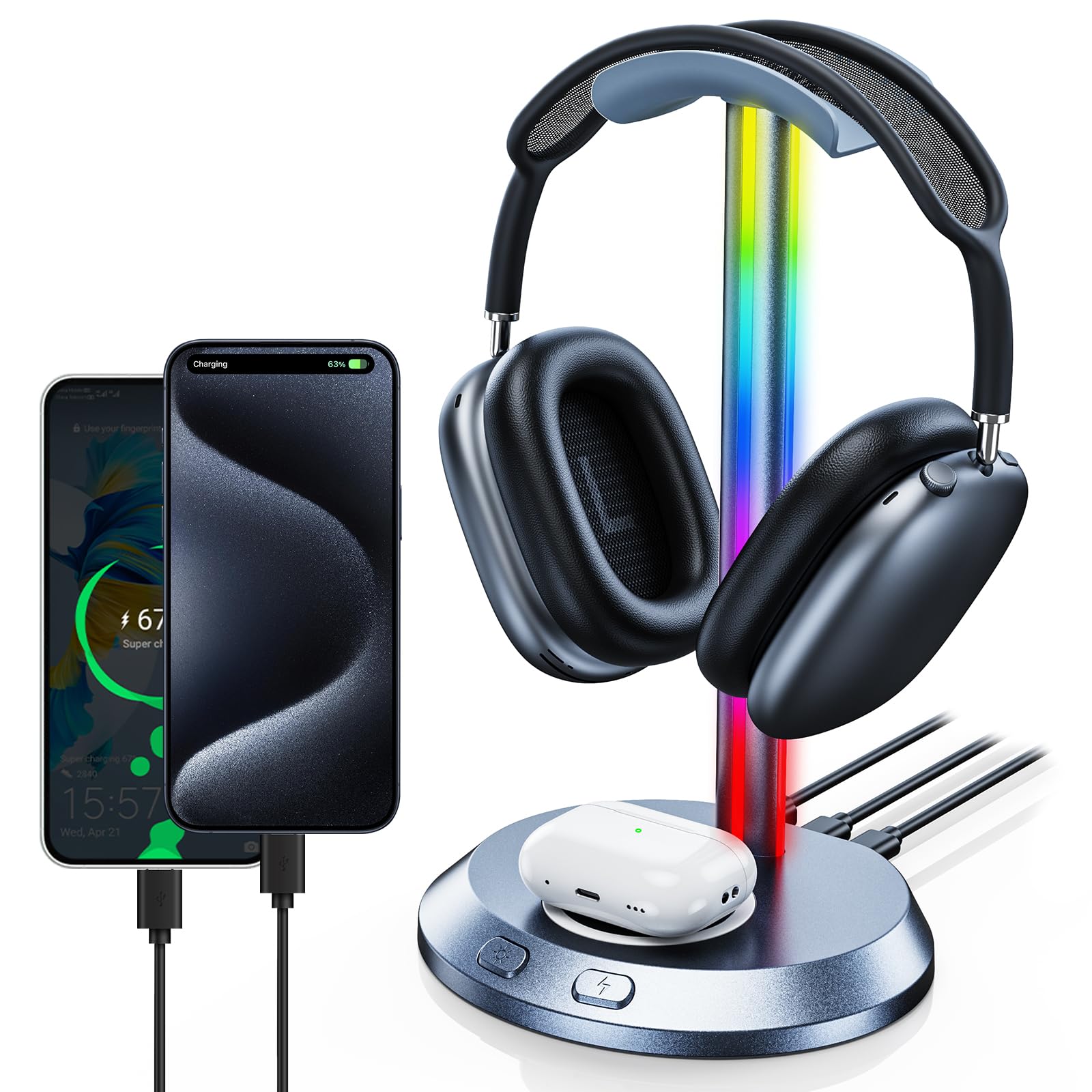 Premium RGB Gaming Headphone Stand with 15W Fast Wireless Charger & 3-Port Hub (2 USB-C + 1 USB) - Weighted Non-Slip Base for All Headsets - Perfect for Gaming Setup & Office Desk Organization