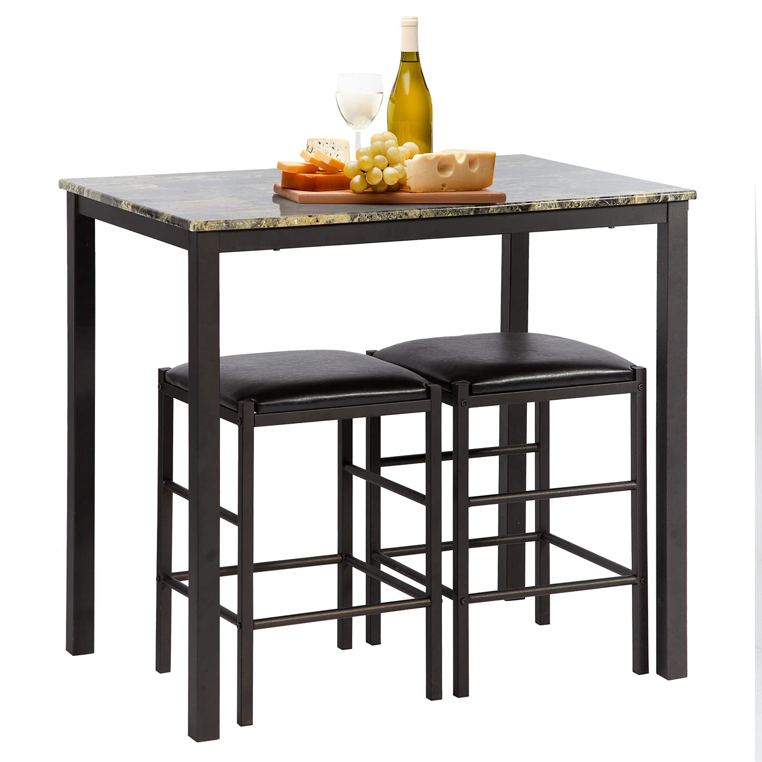 FDW Marble Rectangular Dining Table Set with 2 Chairs - Modern Wood Kitchen Breakfast Table for Small Spaces | Perfect for Apartments, Condos & Cozy Dining Rooms