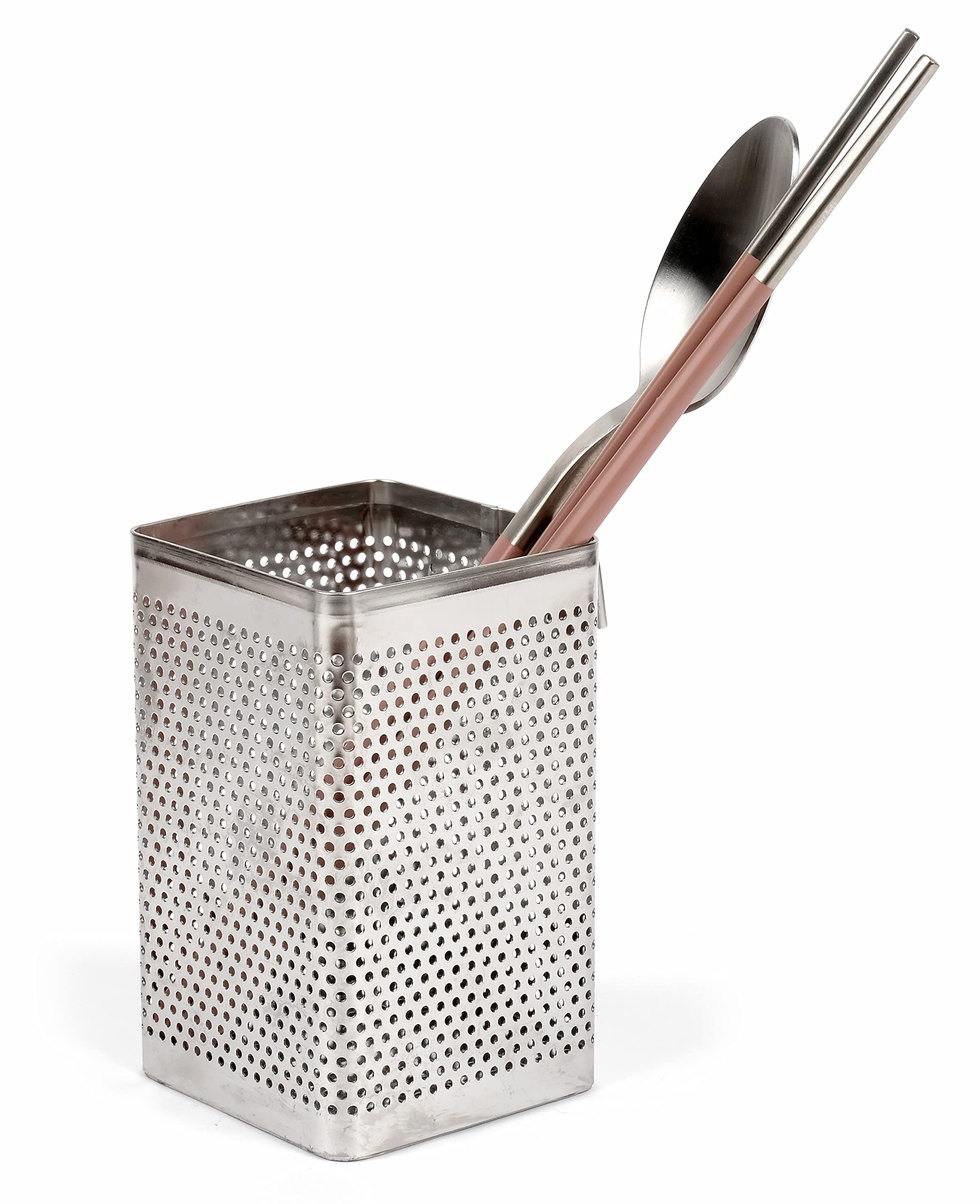 Stainless Steel Perforated Chopsticks Holder with Hooks - Kitchen Utensil Organizer, Dishwasher Safe, Small Square - Perfect for Asian Cooking & Kitchen Storage