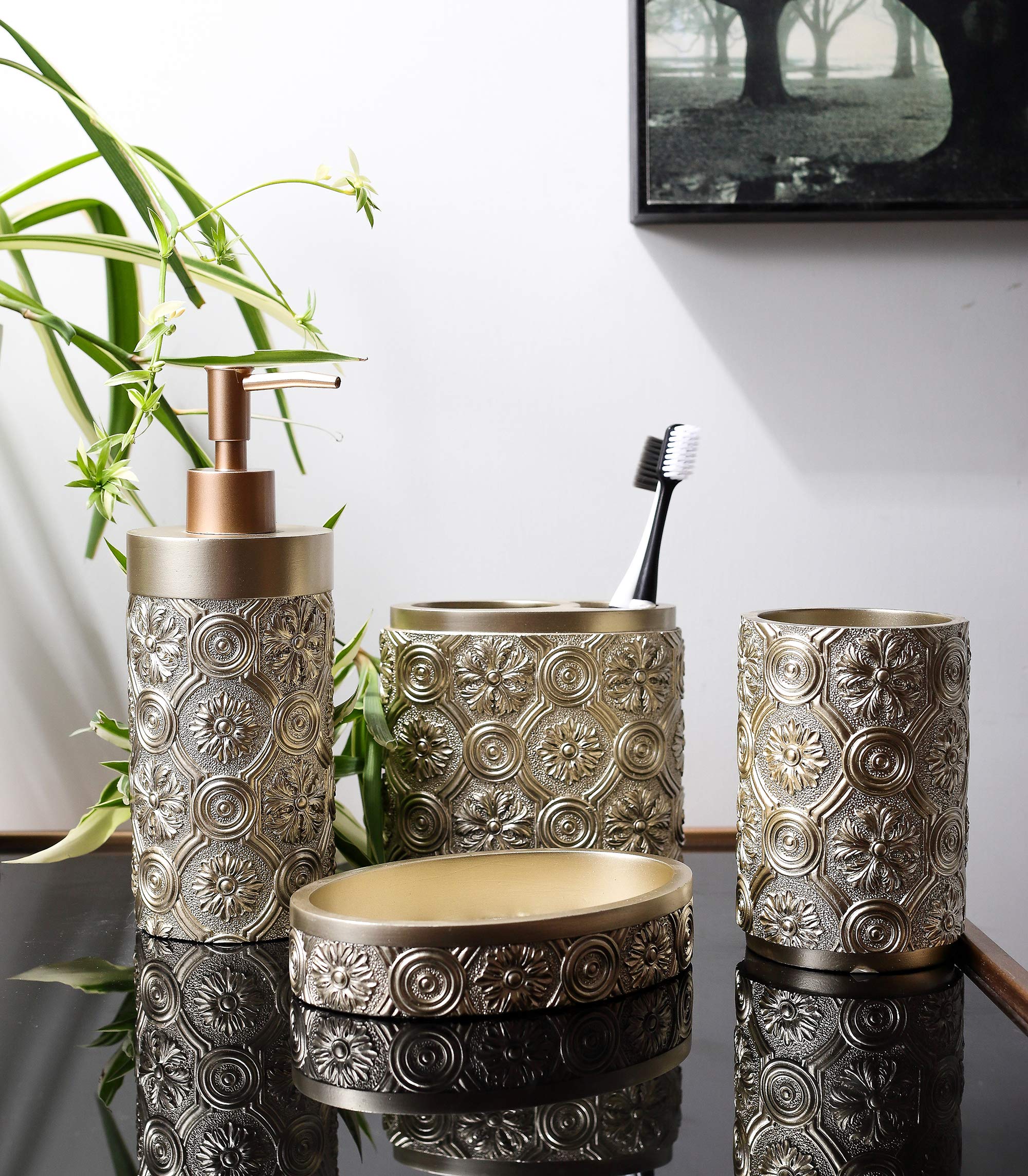 Golden Bathroom Accessories Set - 4 Pcs Farmhouse Style Resin Toothbrush Holder, Soap Dispenser, Soap Dish & Tumbler | Elegant Apartment Necessities for Modern Bathroom Decor | Perfect for Guest Bathrooms, Master Suites & Airbnb Rentals