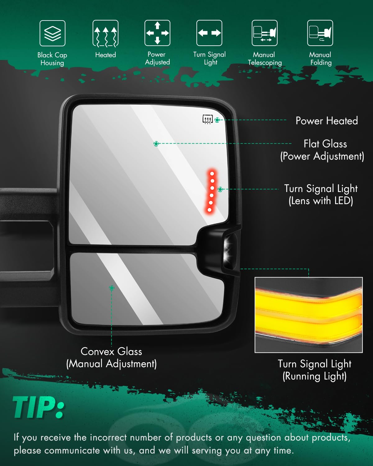 SCITOO Power Heated Towing Mirrors with Running Light & Turn Signal - Compatible with 2014-2020 Chevy Silverado 2500/3500 HD, 2007-2014 GMC Sierra, Tahoe, Suburban, Avalanche, Yukon XL & 2008-2013 Denali - Perfect for Towing, Camping & Off-Road Adventures