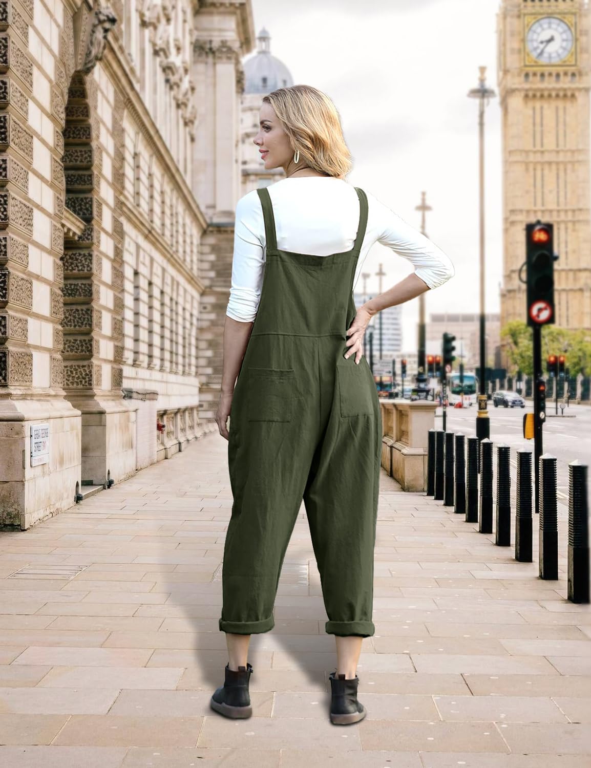 YESNO Women's Casual Loose Bib Overalls - Baggy Romper Jumpsuit with Pockets (PV9) | Comfortable Long Pants for Everyday Wear, Outings & Relaxation