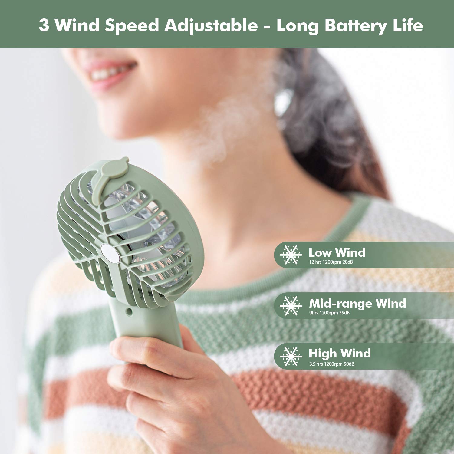 Neveika Portable Handheld Fan - 3-Speed Personal Air Cooler with Evaporative Cooling & Humidifier Function | Compact USB Desk Fan for Office, Dorm, Nightstand, Travel | Olive Green Cooling Fan for Summer Heat Relief