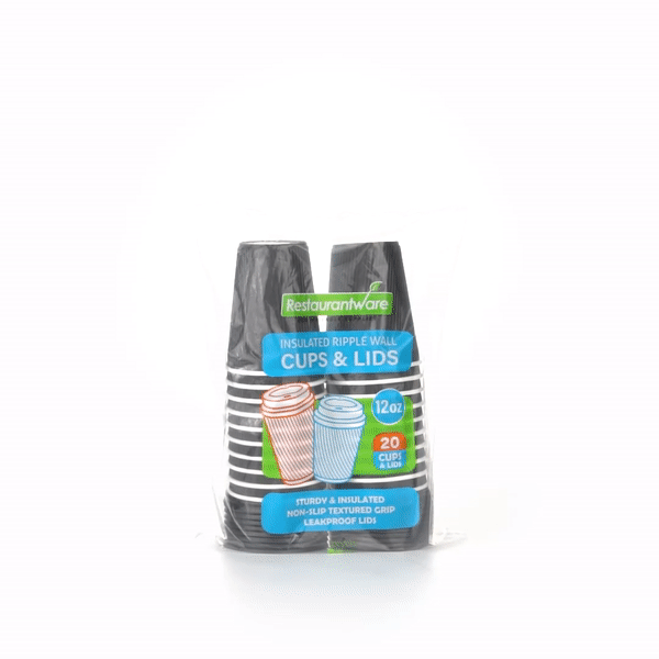 12 oz Black Ripple Wall Paper Coffee Cups with Black Lids - 20 Count Bulk Pack (3.5