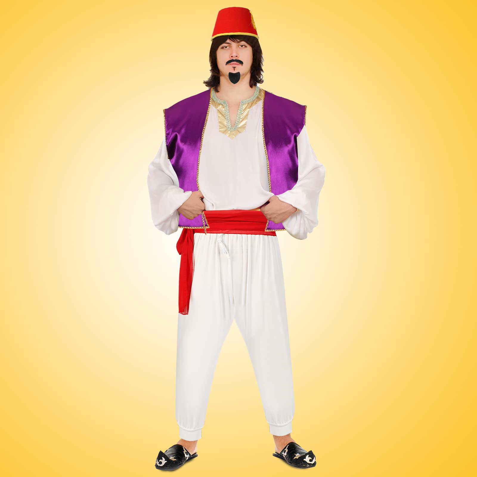 Zhanmai Arabian Prince Costume Set for Men - Purple Vest, Harem Pants, Red Fez Hat & Sash - Perfect for Cosplay, Halloween, and Theme Parties