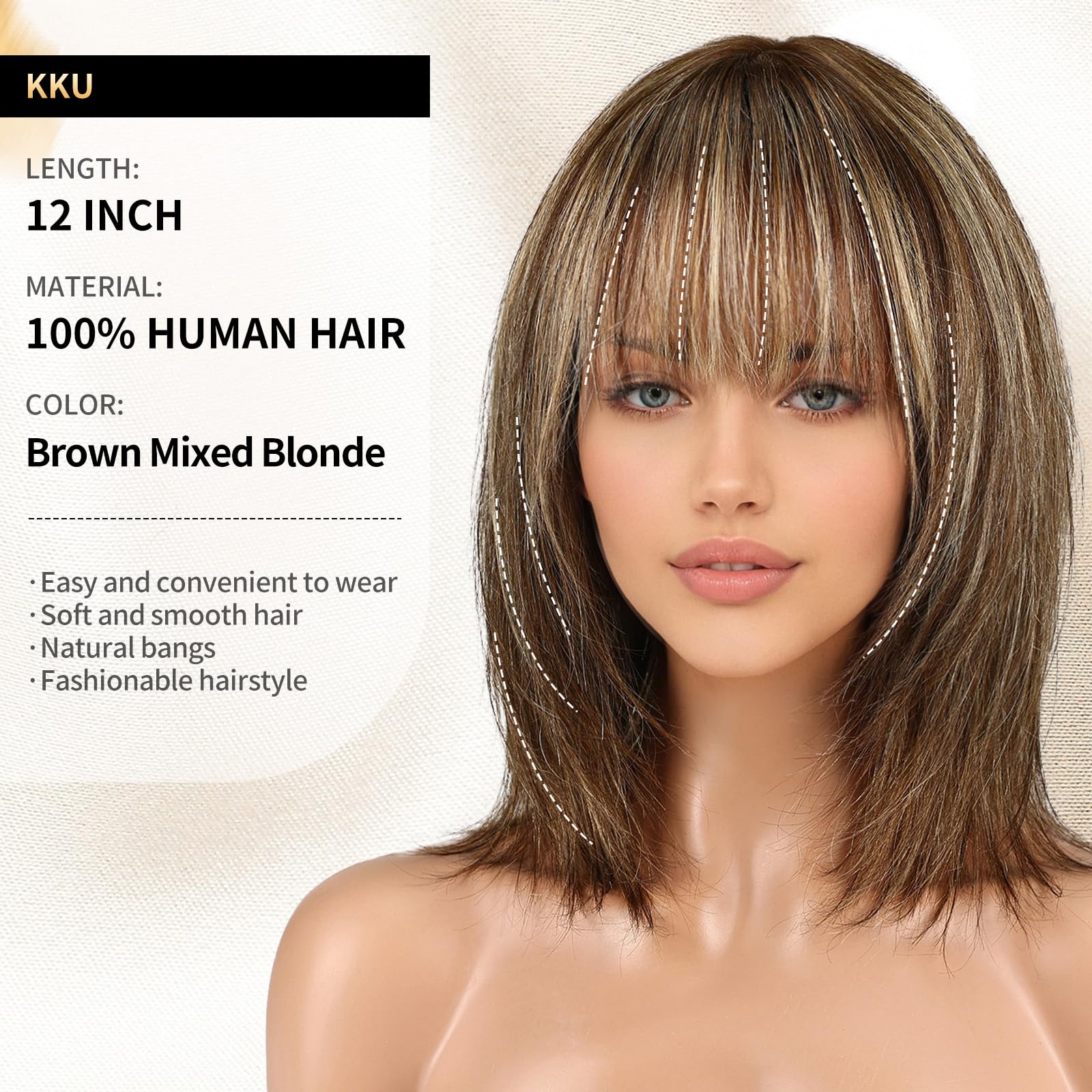 12 Inch Brown Mixed Blonde Human Hair Wigs for Women - Remy Brazilian Hair with Bangs - Natural Looking Wigs for Daily Wear, Cosplay & Special Occasions