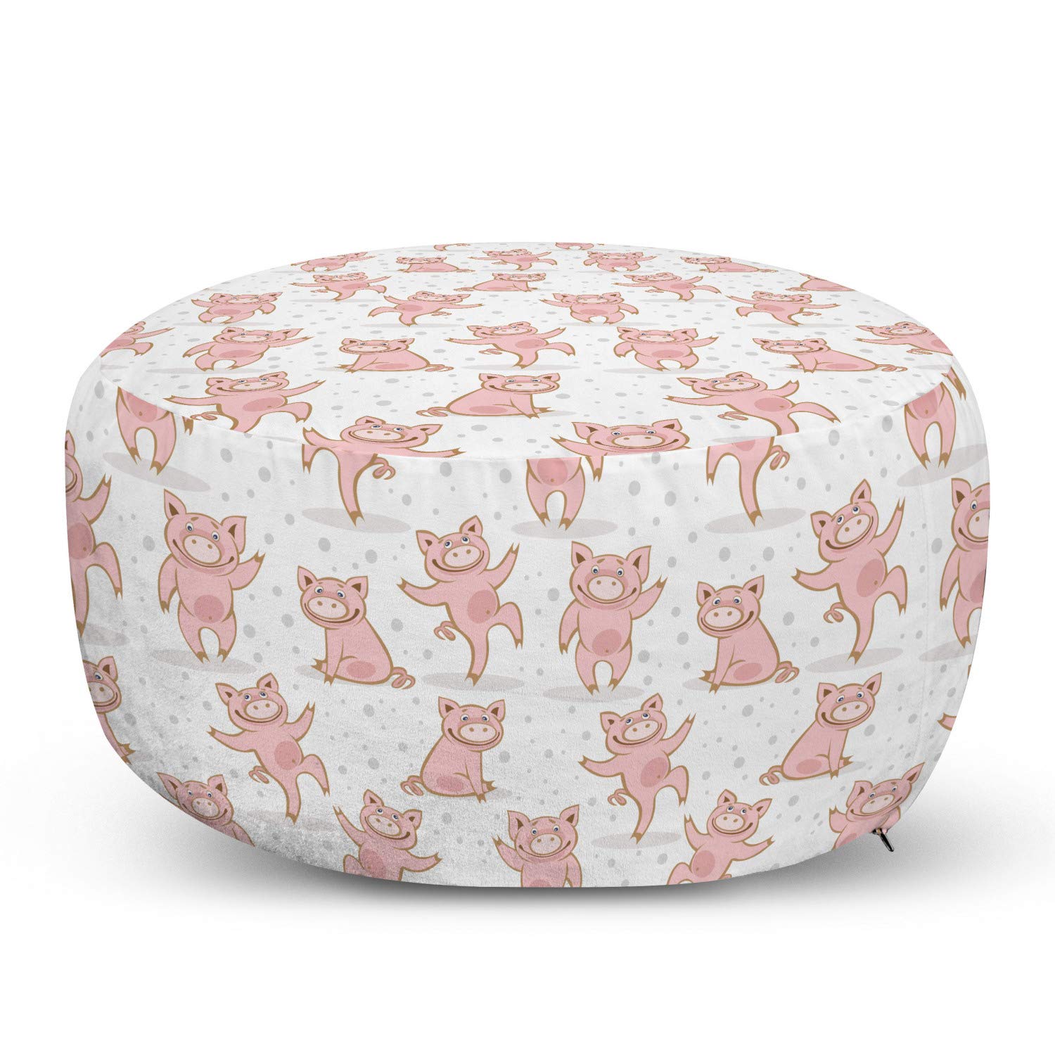 Ambesonne Piglet Ottoman Pouf - Soft Foot Rest with Removable Cover, Farmhouse Decor with Playful Pig Silhouettes & Polka Dot Design in Rose & White - Perfect for Living Room, Bedroom, or Nursery Cozy Seating