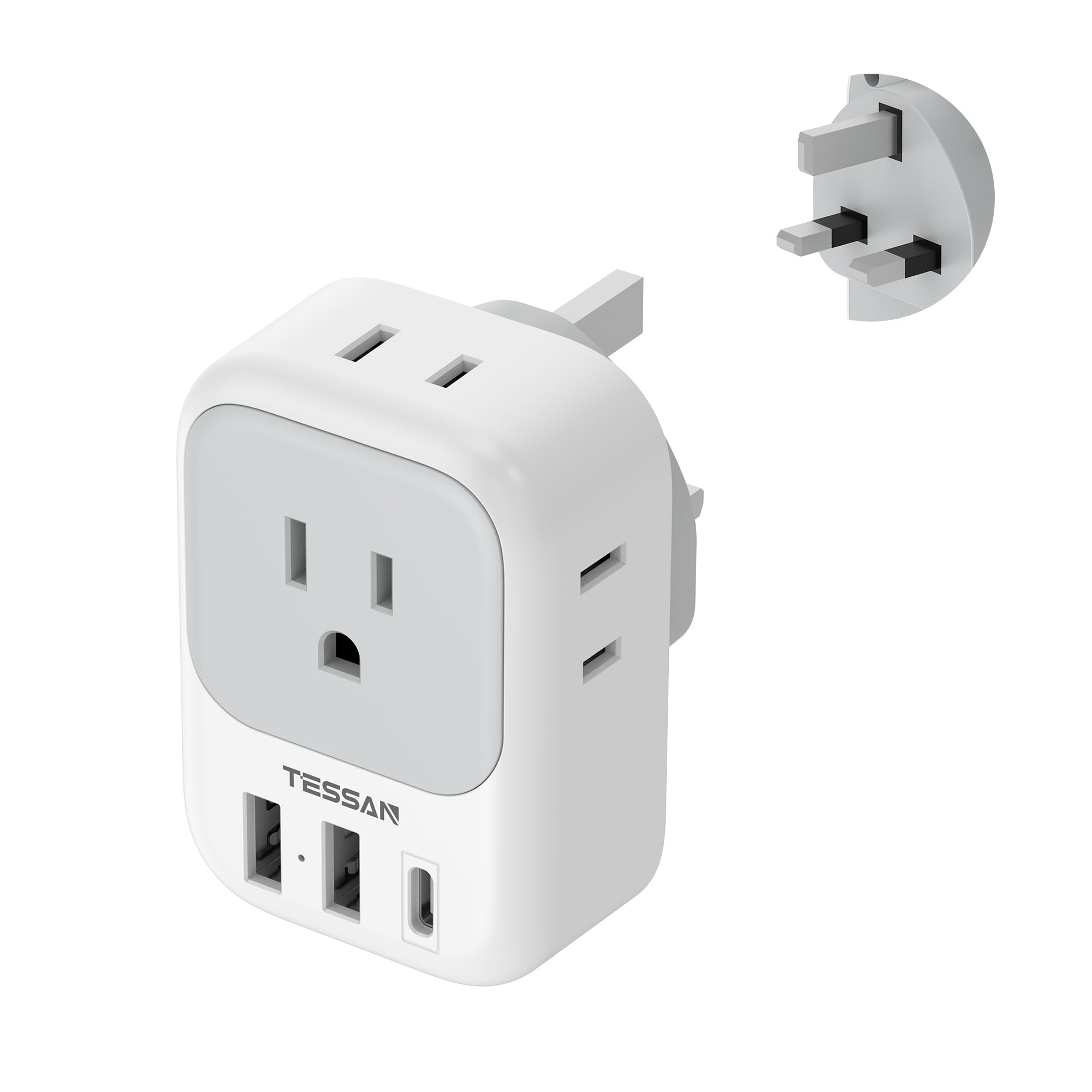 TESSAN Type G UK Travel Plug Adapter with 3 USB Ports (1 USB-C) & 4 Outlets - US to UK/Ireland/Hong Kong/Dubai Power Converter for iPhone, Laptop, Camera - Perfect for Business Trips & Vacations in England, Scotland, Kenya
