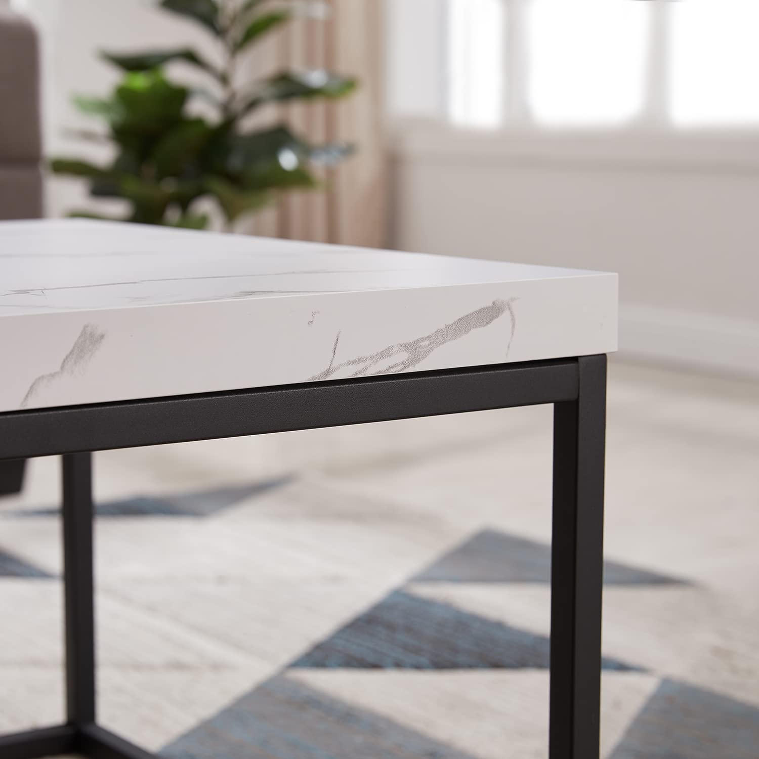 Modern Industrial CENSI 47-Inch Rectangle Marble Coffee Table Ottoman with Wood & Metal Base - White Marble Top for Living Room, Lounge & Office Decor