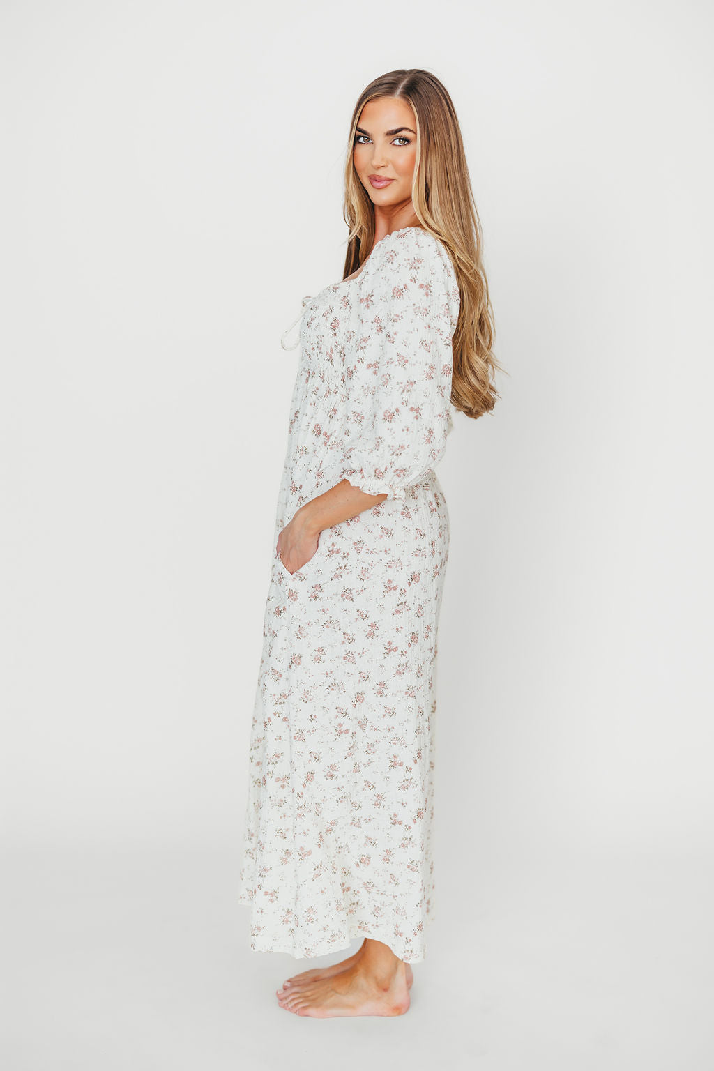 100% Cotton Smocked Maxi Dress - Ivory/Mauve Floral Print | Bump Friendly Maternity Dress | Perfect for Summer Vacations, Beach Getaways & Baby Showers