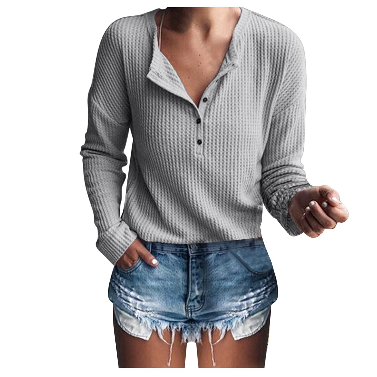 Women's Waffle Knit Tunic Top - Long Sleeve Casual Button Up Thermal Shirt for Fall & Autumn - Loose Fit Pullover Tunic for Layering, Work & Weekend Outfits