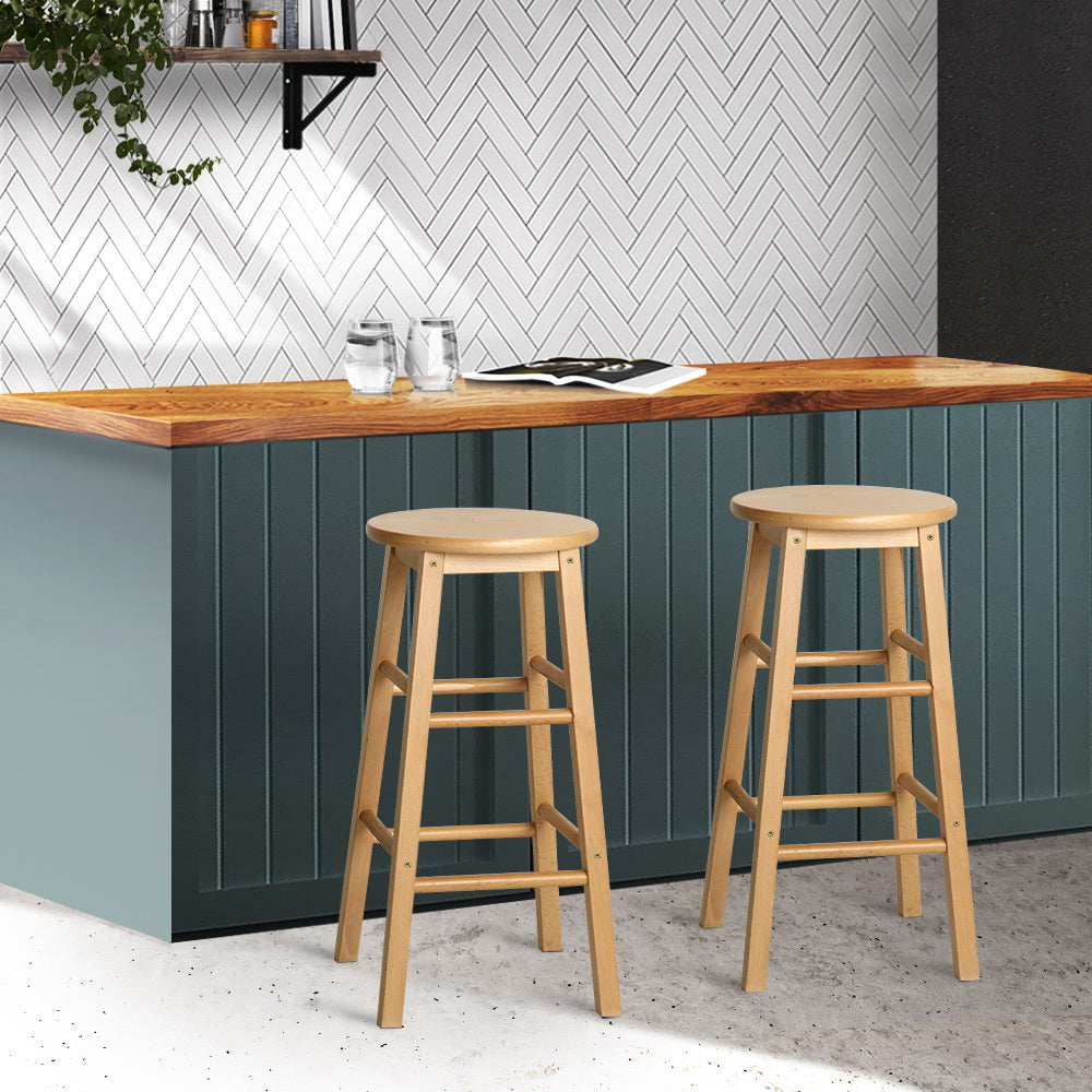 2 Pack Wooden Bar Stools with Round Seats - Natural Finish for Kitchen, Dining Room, or Home Bar Decor