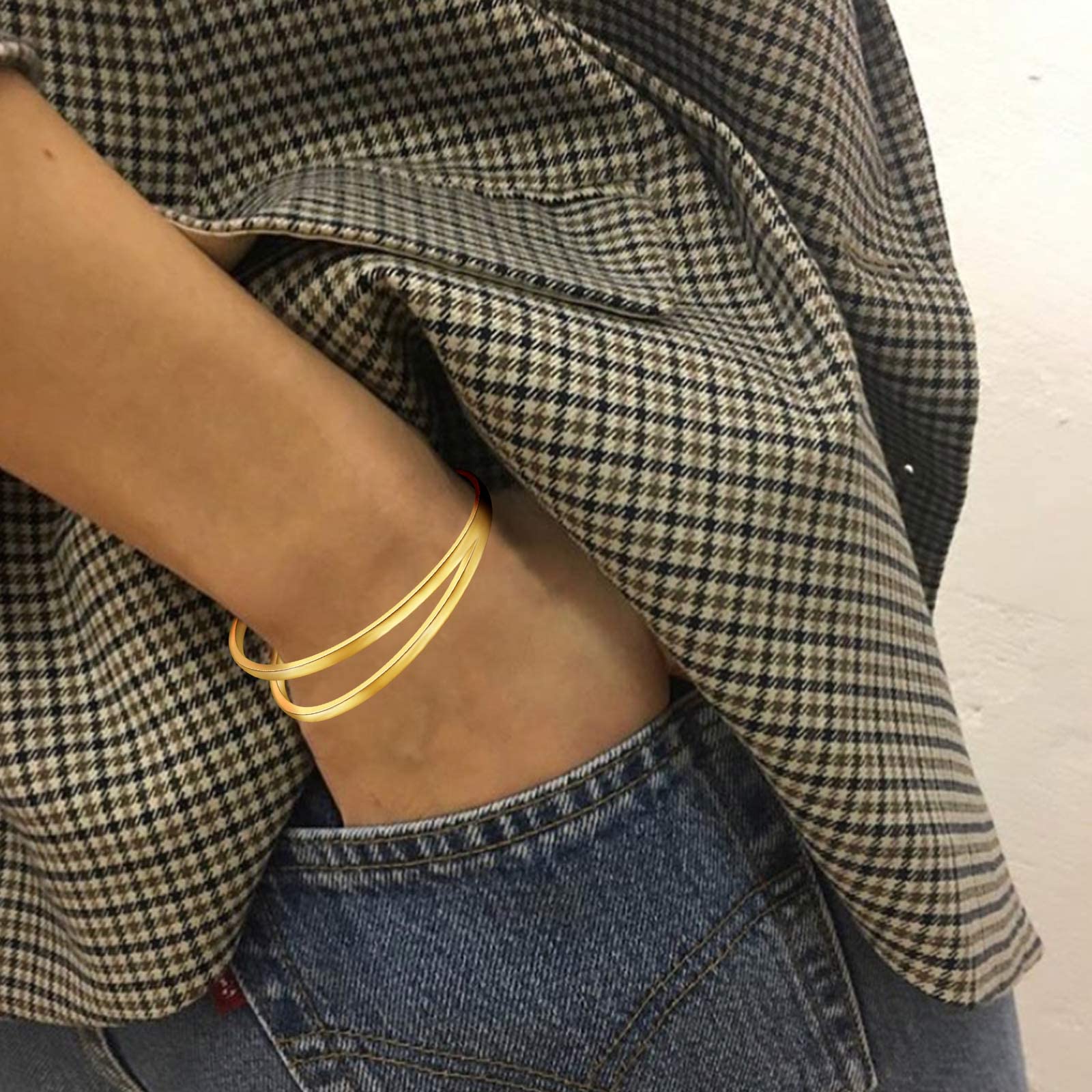 14K Gold Adjustable Cuff Bracelet for Women - Two Layer Wide Open Bangle - Perfect Gift for Mom, Friends, Valentine's Day, Christmas & Birthdays - Elegant Jewelry for Parties, Weddings & Special Occasions