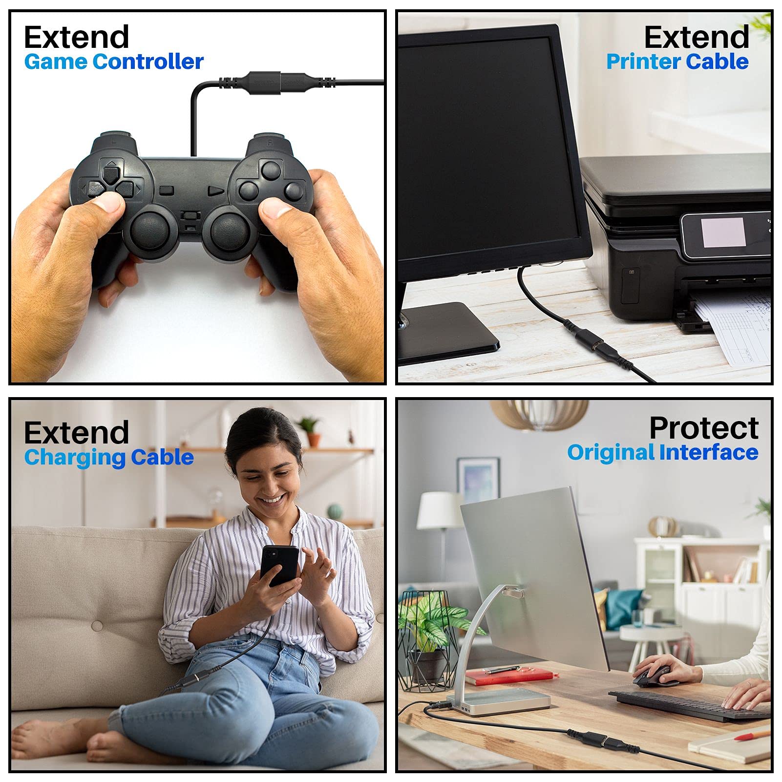 3 Pack USB 3.0 Extension Cable 2 FT - High Speed 5Gbps A Male to Female Extender Cord for Webcam, Printer, Keyboard, Flash Drive - Durable Black Cable with 5 Cable Ties - Perfect for Home Office, Gaming Setup & Computer Accessories