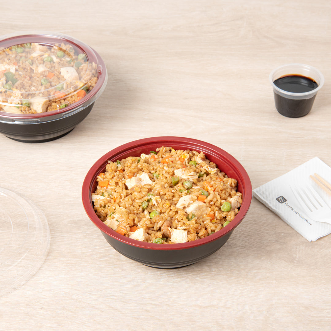 24oz Black & Red Plastic Panda Bowl with Clear Lid - Microwave Safe Asian Style Rice/Noodle Bowl (6.5