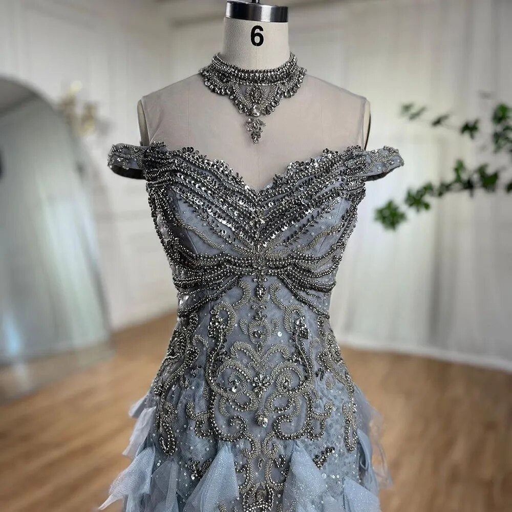 Elegant Blue Arabic Mermaid Evening Gown with Pearl Beading - Luxury Wedding & Party Dress for Women 2025 | Perfect for Formal Events, Prom, Bridal Showers & Special Occasions