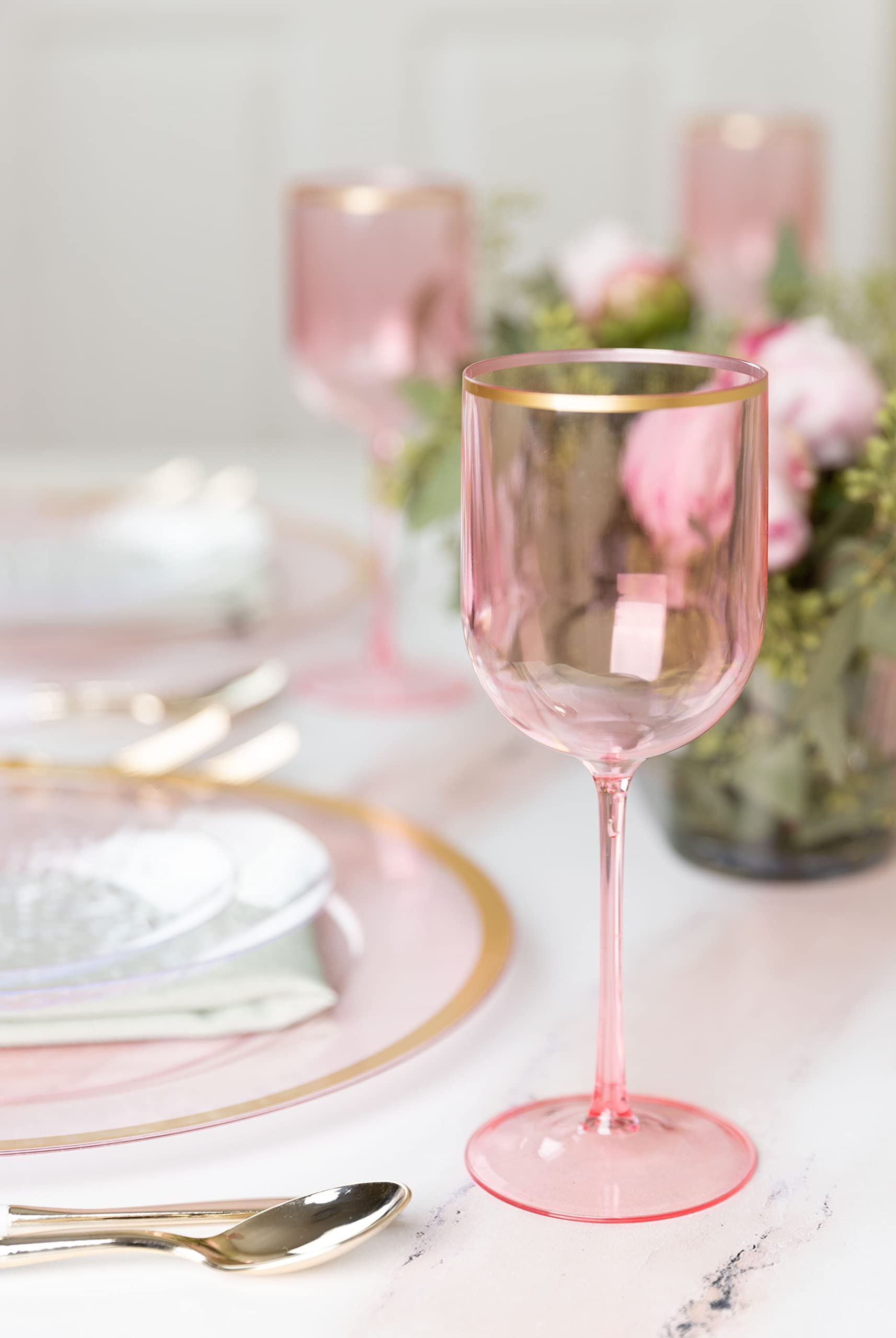 Elegant 12 oz Disposable Plastic Wine Goblets - Pink with Gold Rim, 30-Pack for Weddings, Outdoor Events, Poolside Parties & Home Entertaining | Stemmed Plastic Wine Glasses for Cocktails, Champagne & Beverages