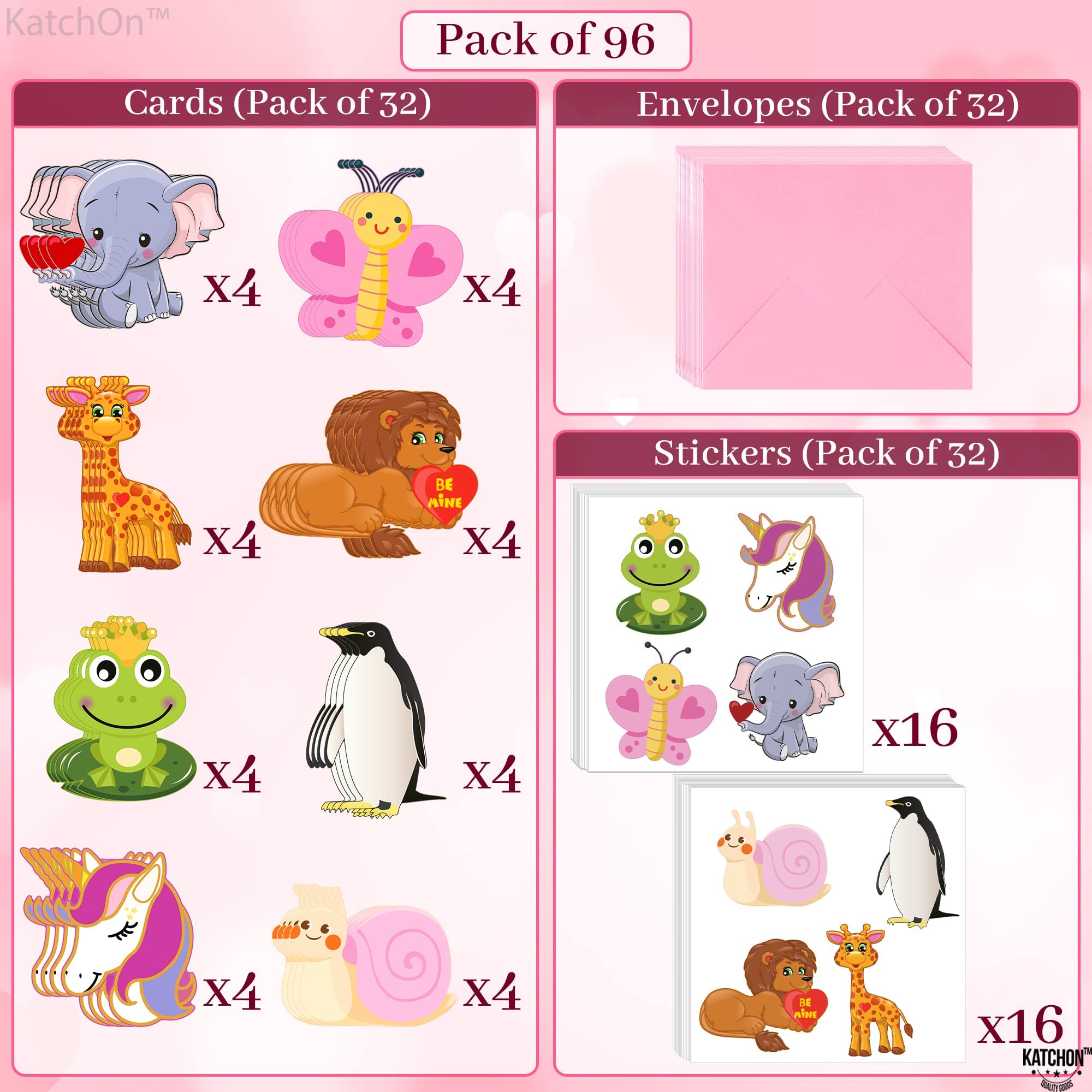 KatchOn Valentine's Day Cards for Kids - Pack of 96 with Stickers & Envelopes (32 Each) | Cute Classroom Exchange Cards for School | Perfect for Valentine's Day Parties & Classroom Activities