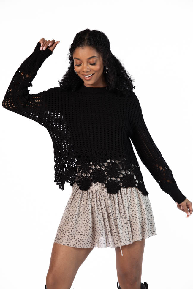 Stylish Black Floral Crochet Sweater for Women - Boho Chic Lace Trim Knit Top for Casual Outings & Date Nights