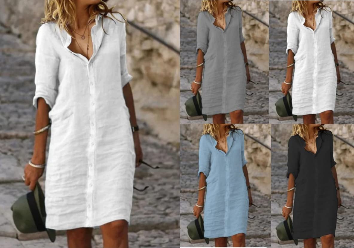 Women's Linen Midi Dress - Casual Button Down Shirt Dress with Pockets, Loose V-Neck & Half Sleeve for Beach Vacation, Summer Outfits & Boho Style | Perfect for Travel, Weekend Getaways & Outdoor Events