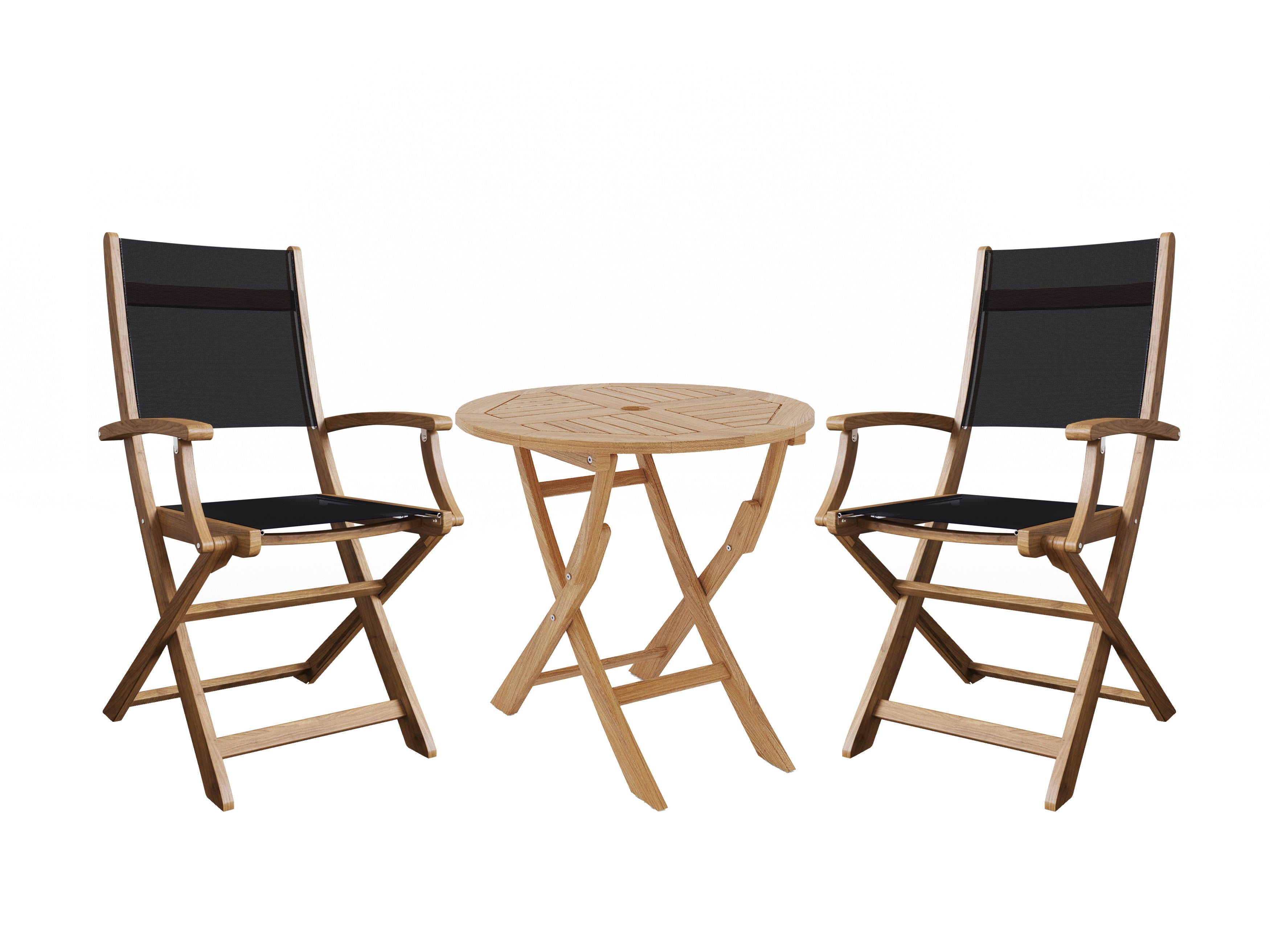 Premium Black Teak Outdoor Bistro Set - 3-Piece Round Folding Table & Armchairs for Patio, Garden, Balcony or Poolside Dining